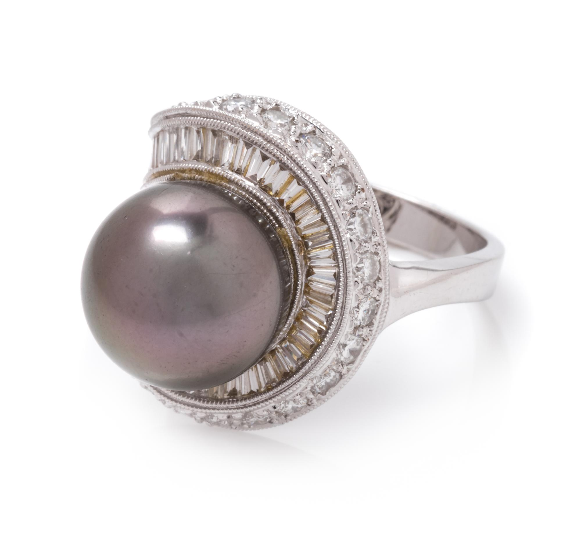 An 18 Karat White Gold, Cultured Tahitian Pearl and Diamond Ring,