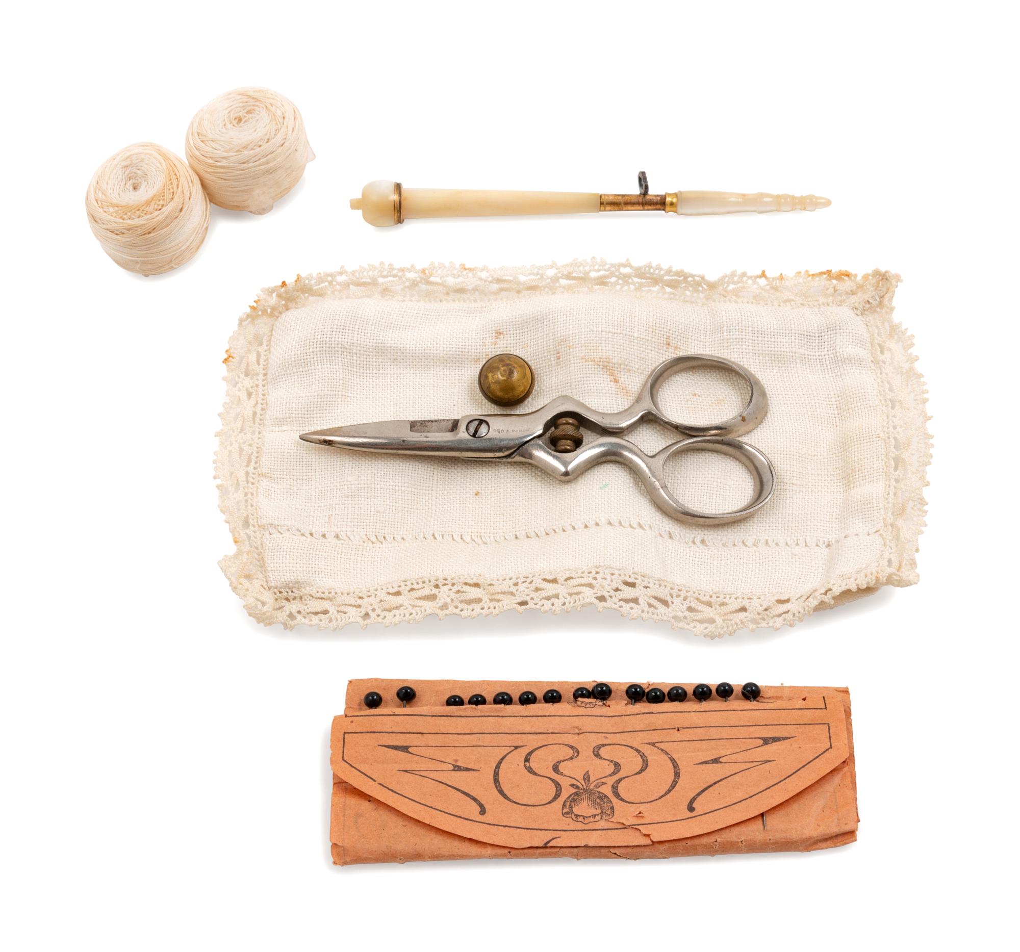Five Needlework Boxes and a Spool Caddy with Pin Cushion