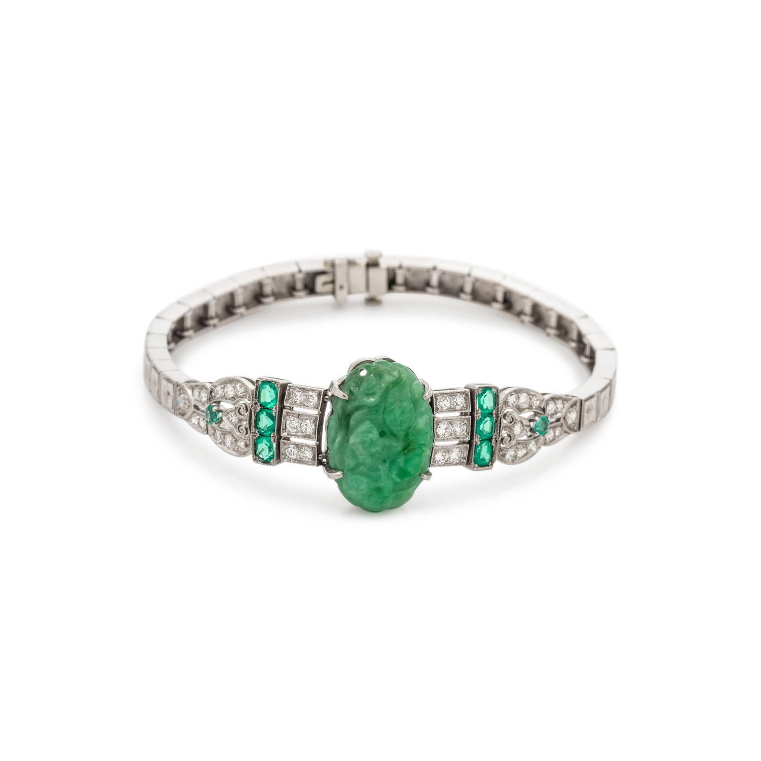 ART DECO, JADE, DIAMOND AND EMERALD SIMULANT BRACELET