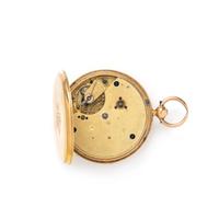 BRITISH, 18K YELLOW GOLD OPEN FACE POCKET WATCH WITH FOB CHAIN