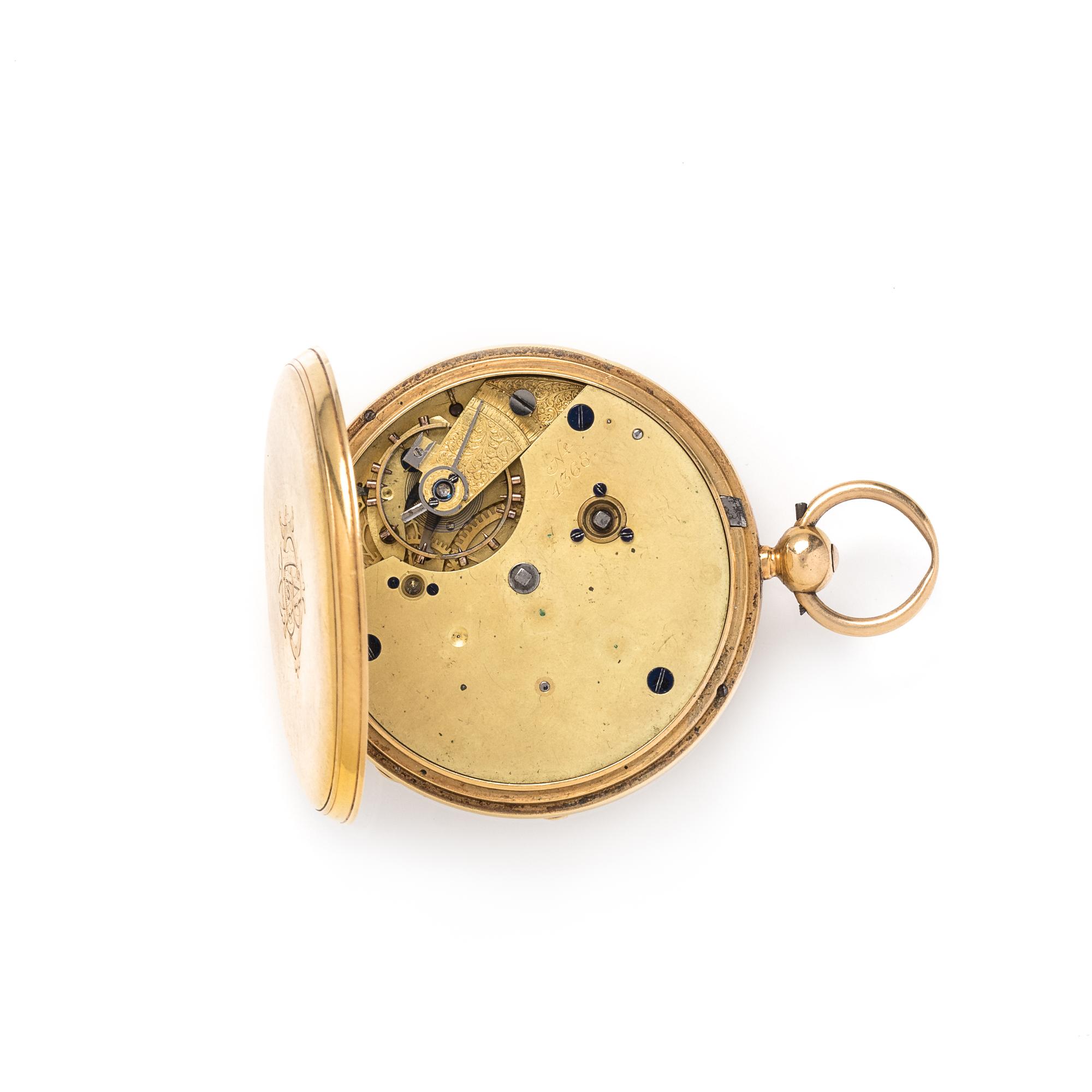BRITISH, 18K YELLOW GOLD OPEN FACE POCKET WATCH WITH FOB CHAIN