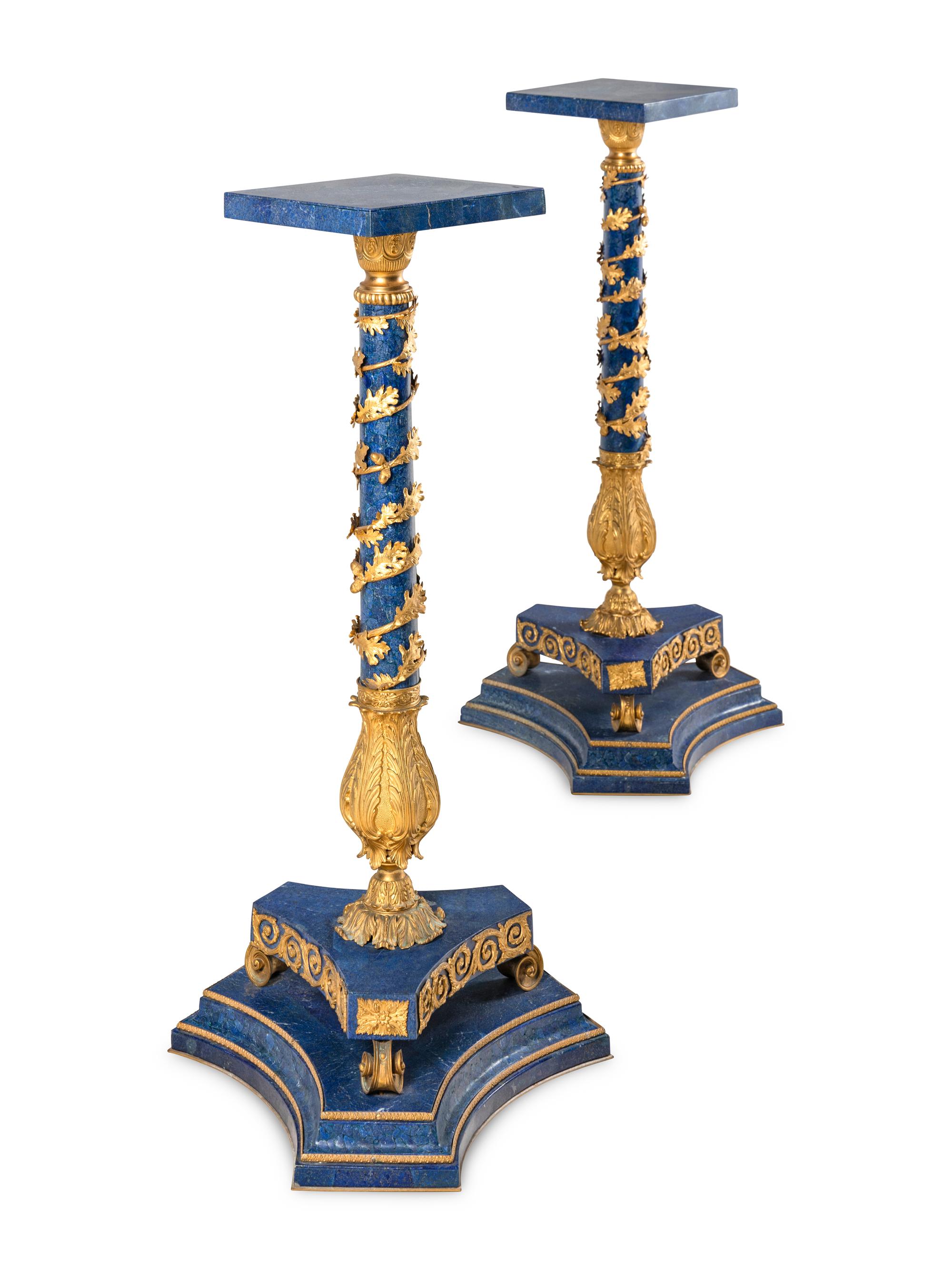 A Pair of Empire Style Gilt Bronze Mounted Lapis Lazuli Pedestals