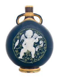 A Mintons Pâte-sur-Pâte Peacock Blue-Ground Bottle Vase