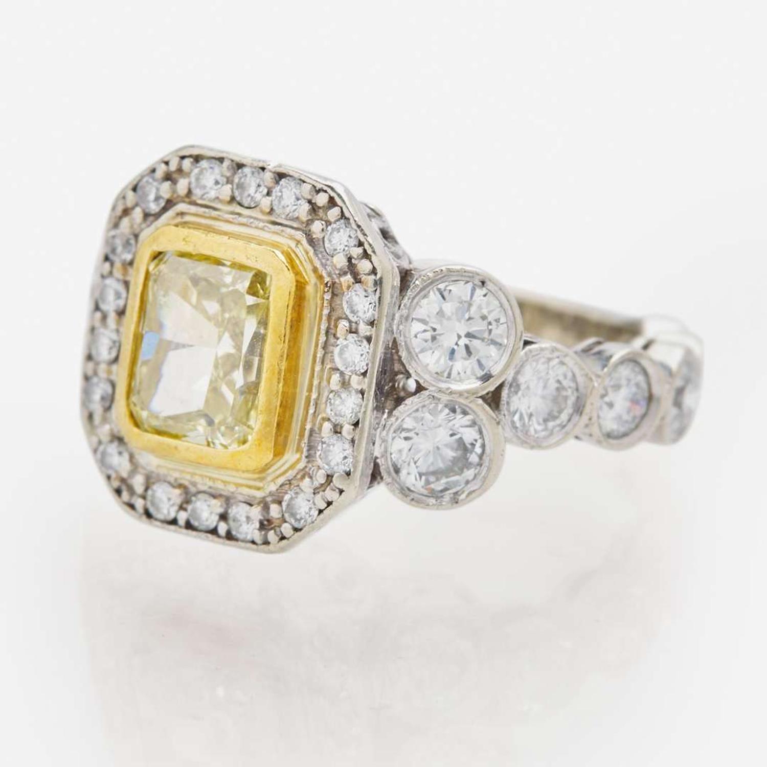 A 14K White Gold, Diamond, and Colored Diamond Ring 1.74 Carat Cut-Cornered Rectangular Modified Brilliant Yellow Diamond, GIA Certified