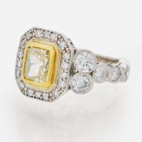 A 14K White Gold, Diamond, and Colored Diamond Ring 1.74 Carat Cut-Cornered Rectangular Modified Brilliant Yellow Diamond, GIA Certified