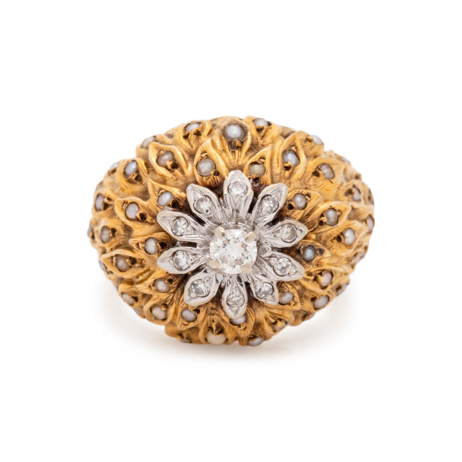 DIAMOND AND SEED PEARL BOMBE RING