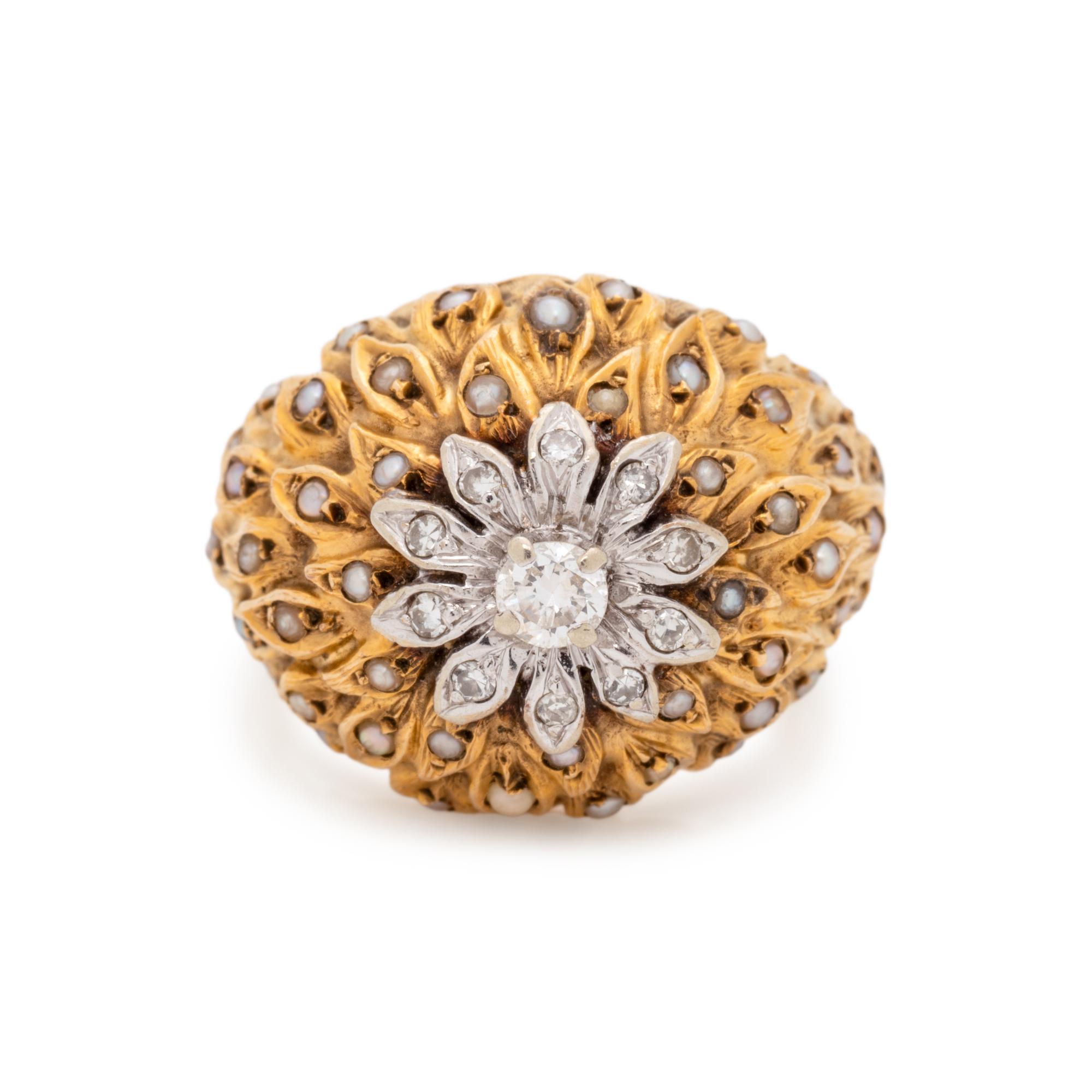 DIAMOND AND SEED PEARL BOMBE RING