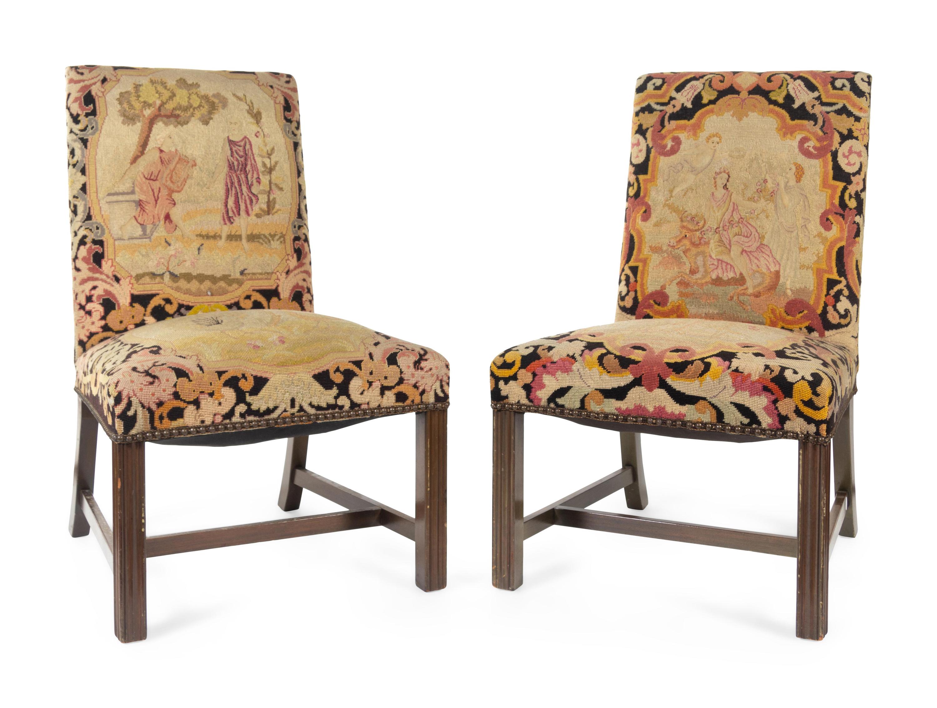 A Pair of George III Style Needlepoint Upholstered Mahogany Library Chairs