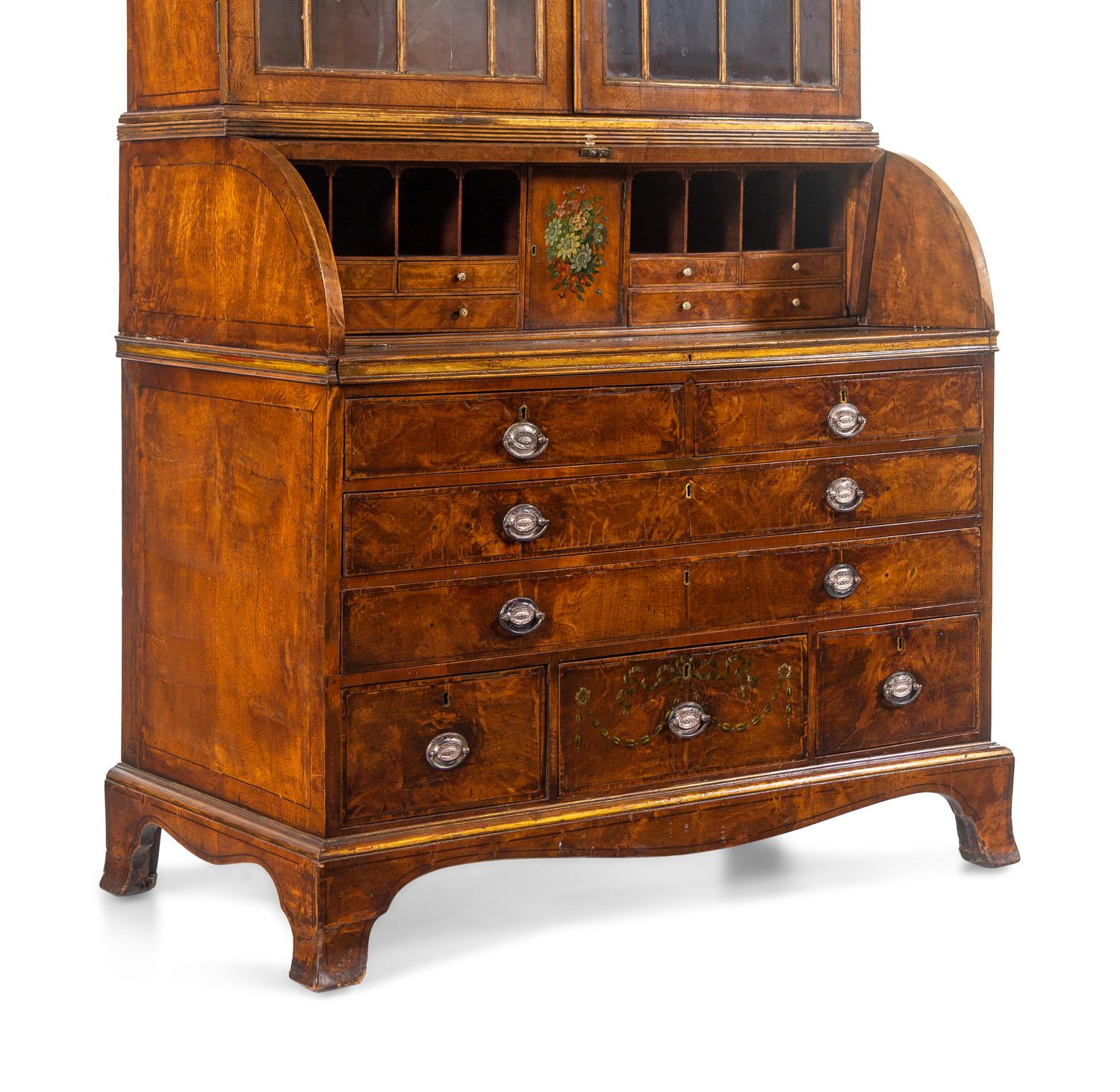 A George III Walnut Veneered and Painted Secretary Bookcase