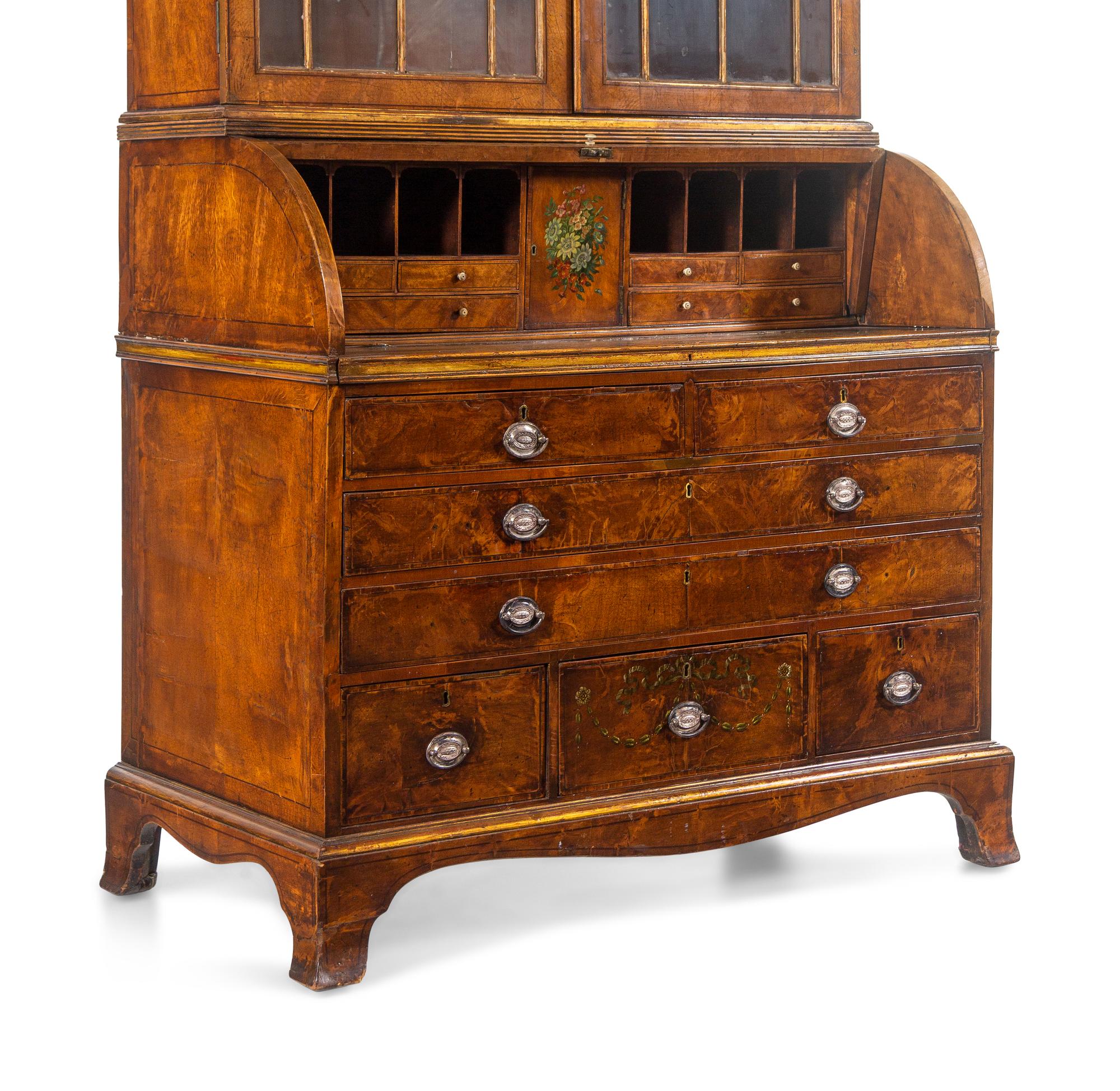 A George III Walnut Veneered and Painted Secretary Bookcase