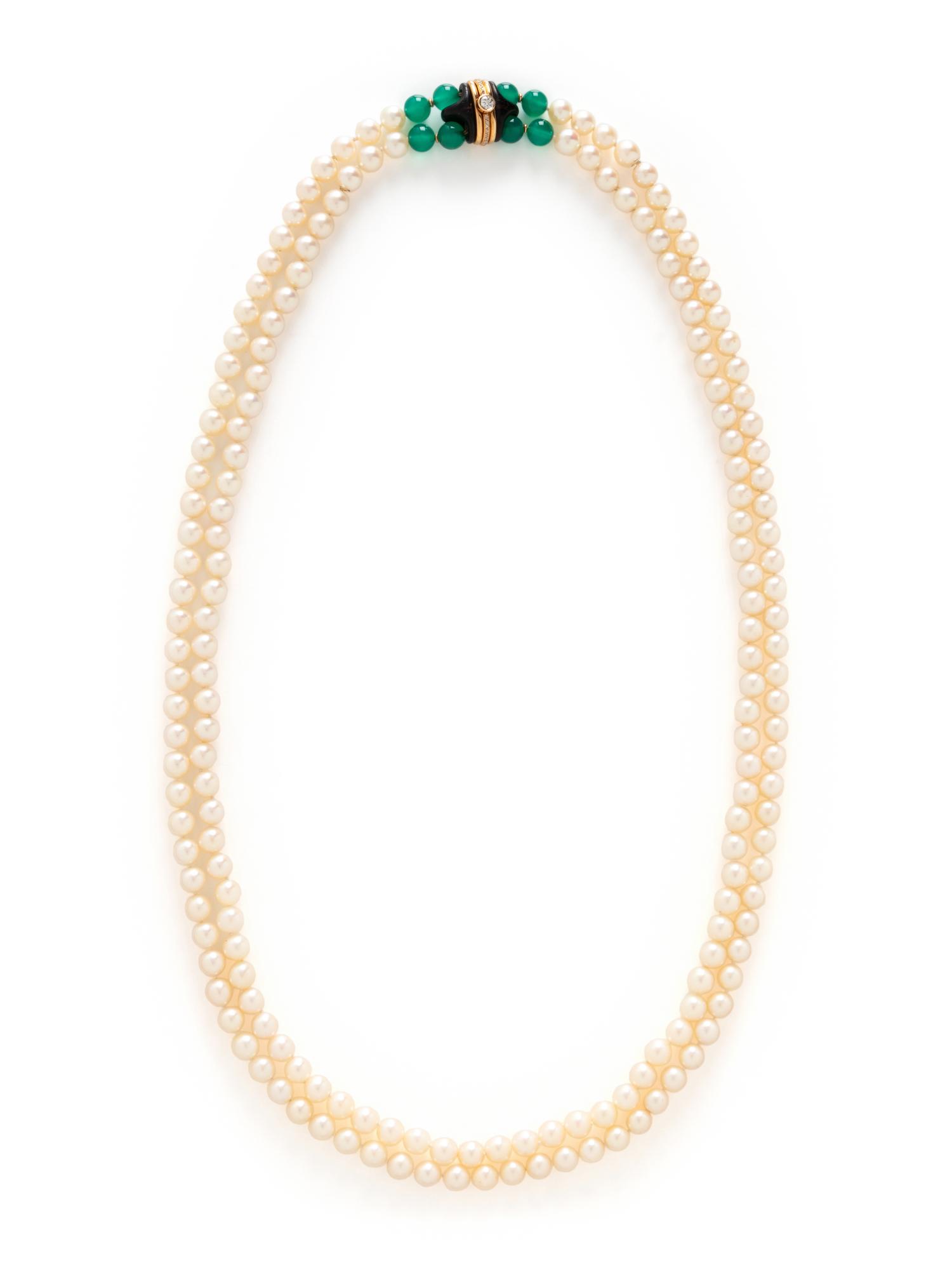CULTURED PEARL, GREEN CHALCEDONY AND DIAMOND NECKLACE