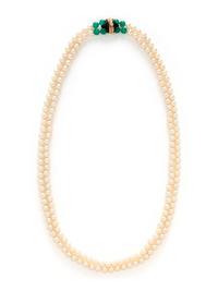 CULTURED PEARL, GREEN CHALCEDONY AND DIAMOND NECKLACE
