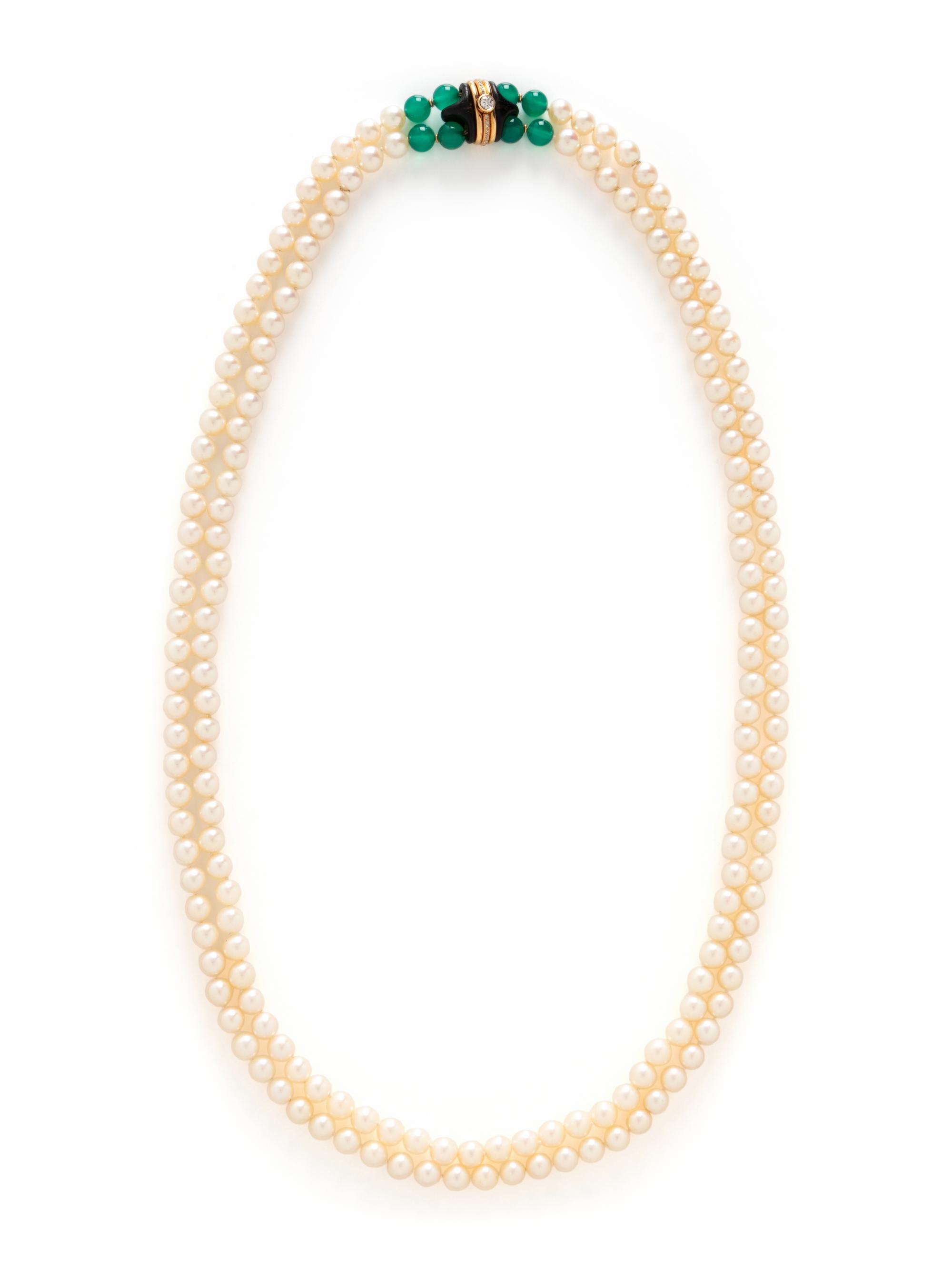 CULTURED PEARL, GREEN CHALCEDONY AND DIAMOND NECKLACE