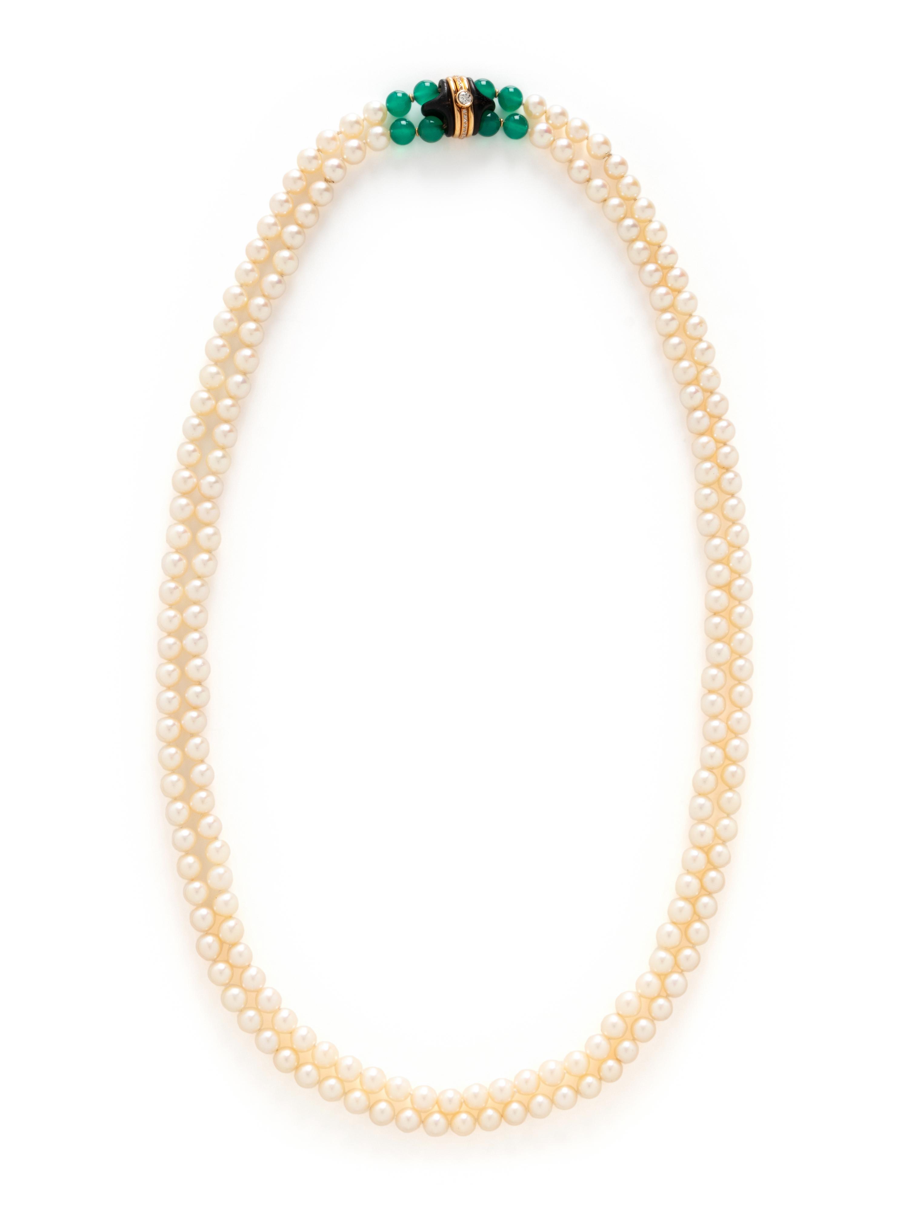 CULTURED PEARL, GREEN CHALCEDONY AND DIAMOND NECKLACE