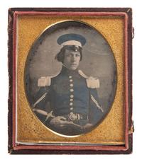 [MEXICAN WAR]. Quarter plate hand-tinted daguerreotype of a militiaman wearing a wheel cap and holding a militia officer's sword.