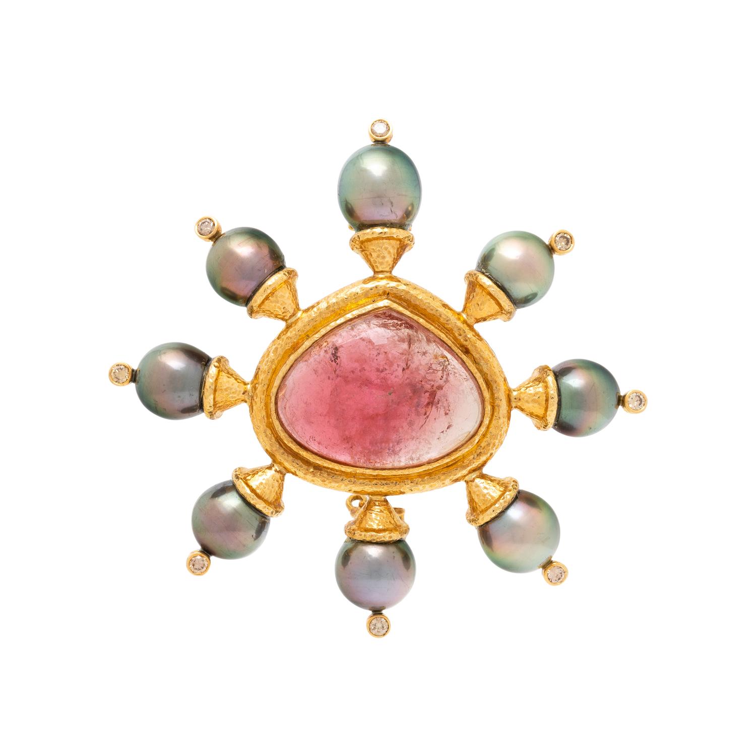 PINK TOURMALINE, GRAY CULTURED PEARL, DIAMOND, AND YELLOW GOLD BROOCH