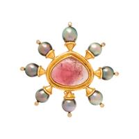 PINK TOURMALINE, GRAY CULTURED PEARL, DIAMOND, AND YELLOW GOLD BROOCH