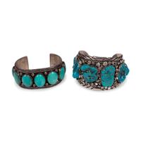 Pair of Navajo Silver and Turquoise Cuff Bracelets