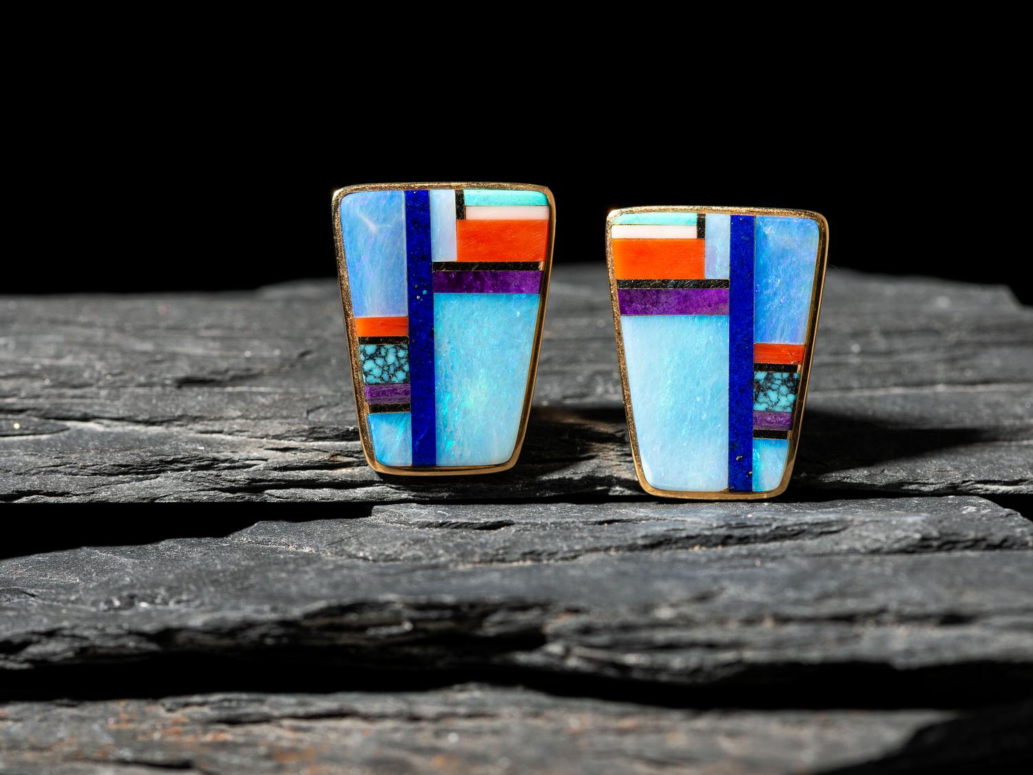 18K Gold and Mosaic Inlay Clip Earrings