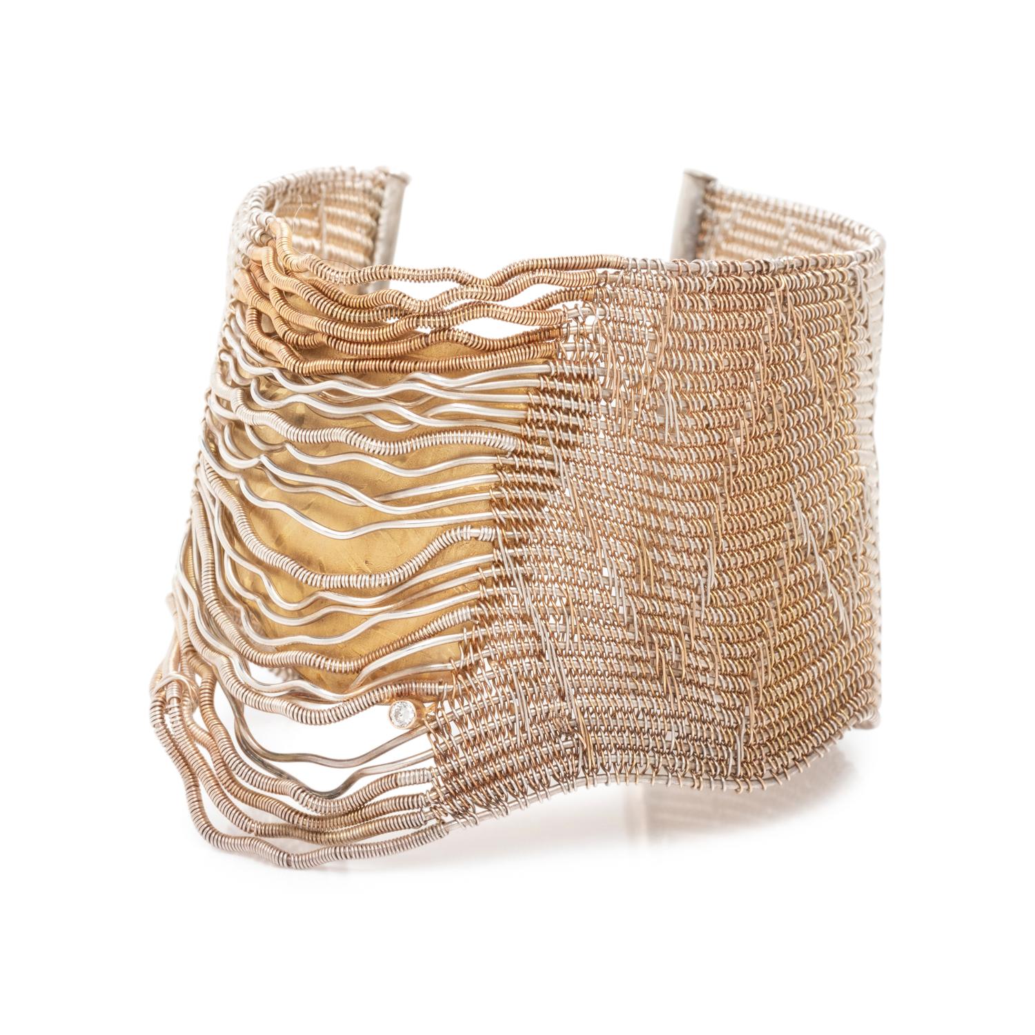 SILVER, YELLOW GOLD AND DIAMOND CUFF BRACELET