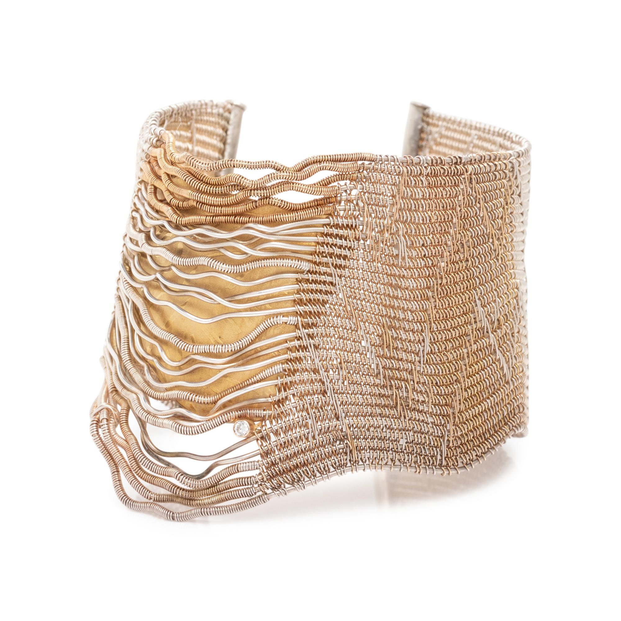 SILVER, YELLOW GOLD AND DIAMOND CUFF BRACELET