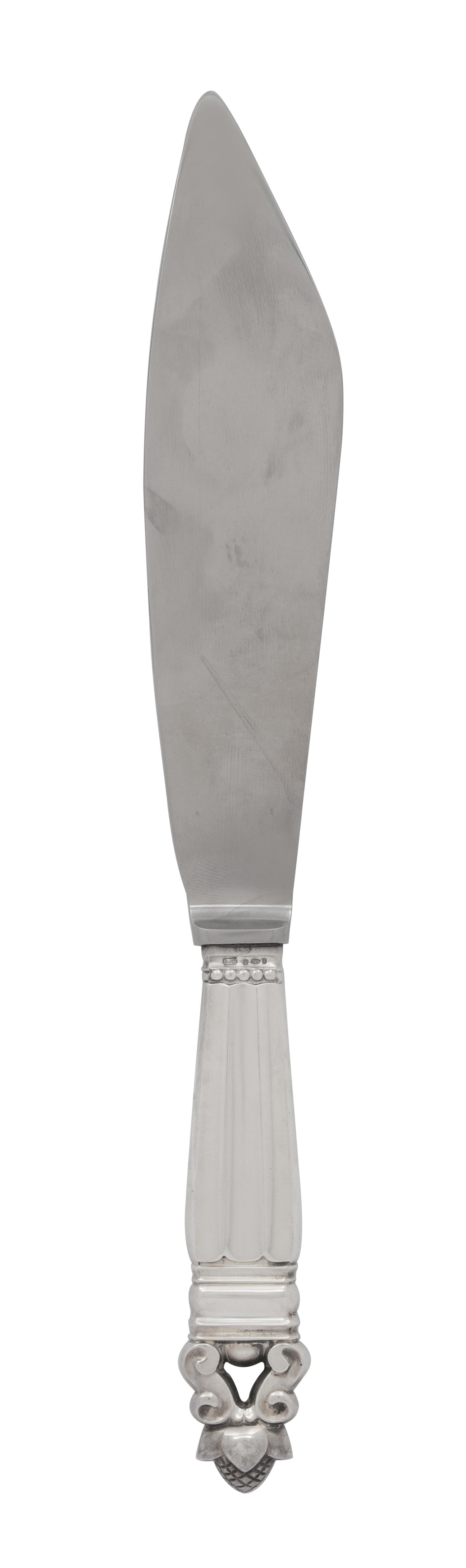 A Georg Jensen Acorn Silver Cake Knife, Johan Rohde, 20th Century, having a stainless steel blade