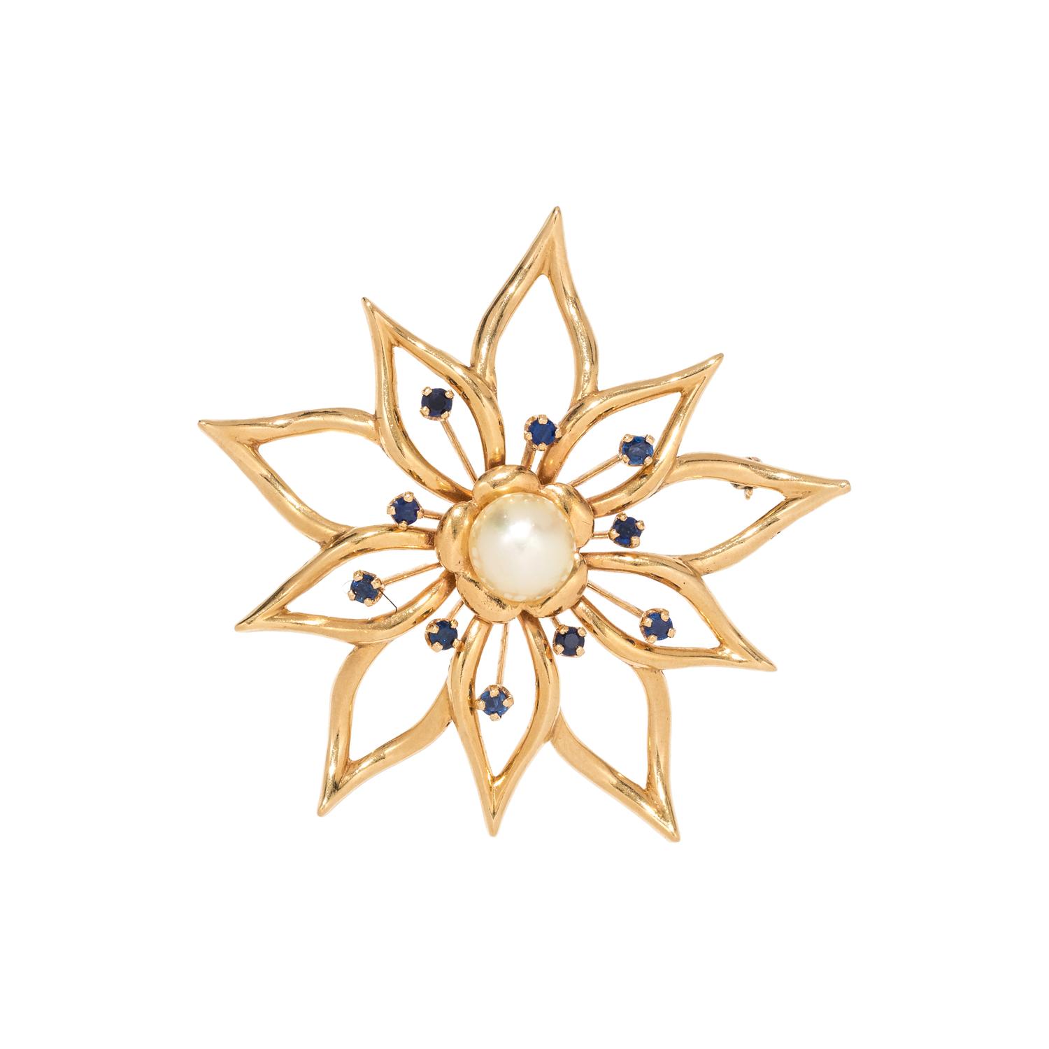 YELLOW GOLD, CULTURED PEARL AND SAPPHIRE FLOWER BROOCH