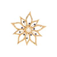 YELLOW GOLD, CULTURED PEARL AND SAPPHIRE FLOWER BROOCH