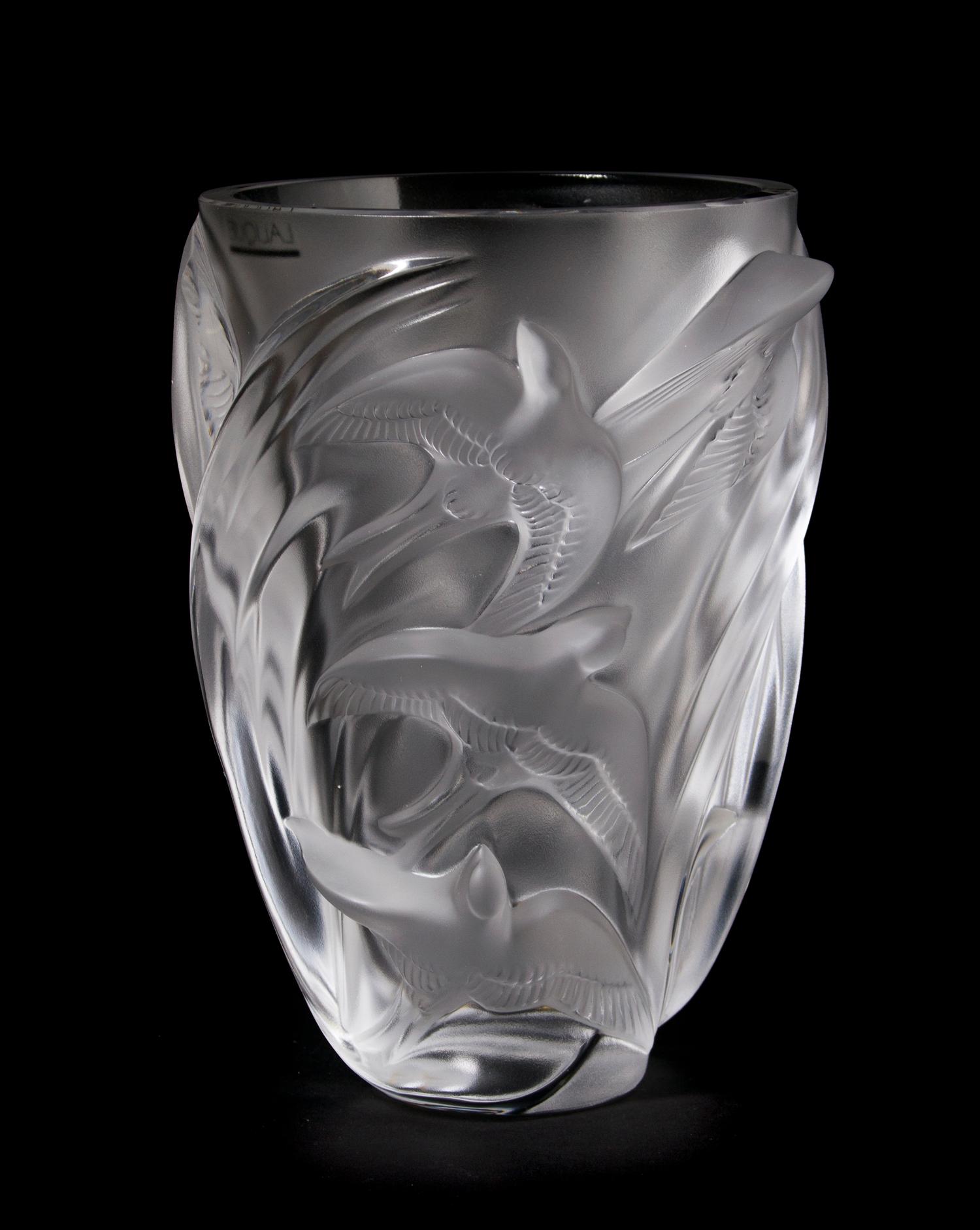 A Lalique Molded and Frosted Glass Vase, Height 9 7/8 inches.
