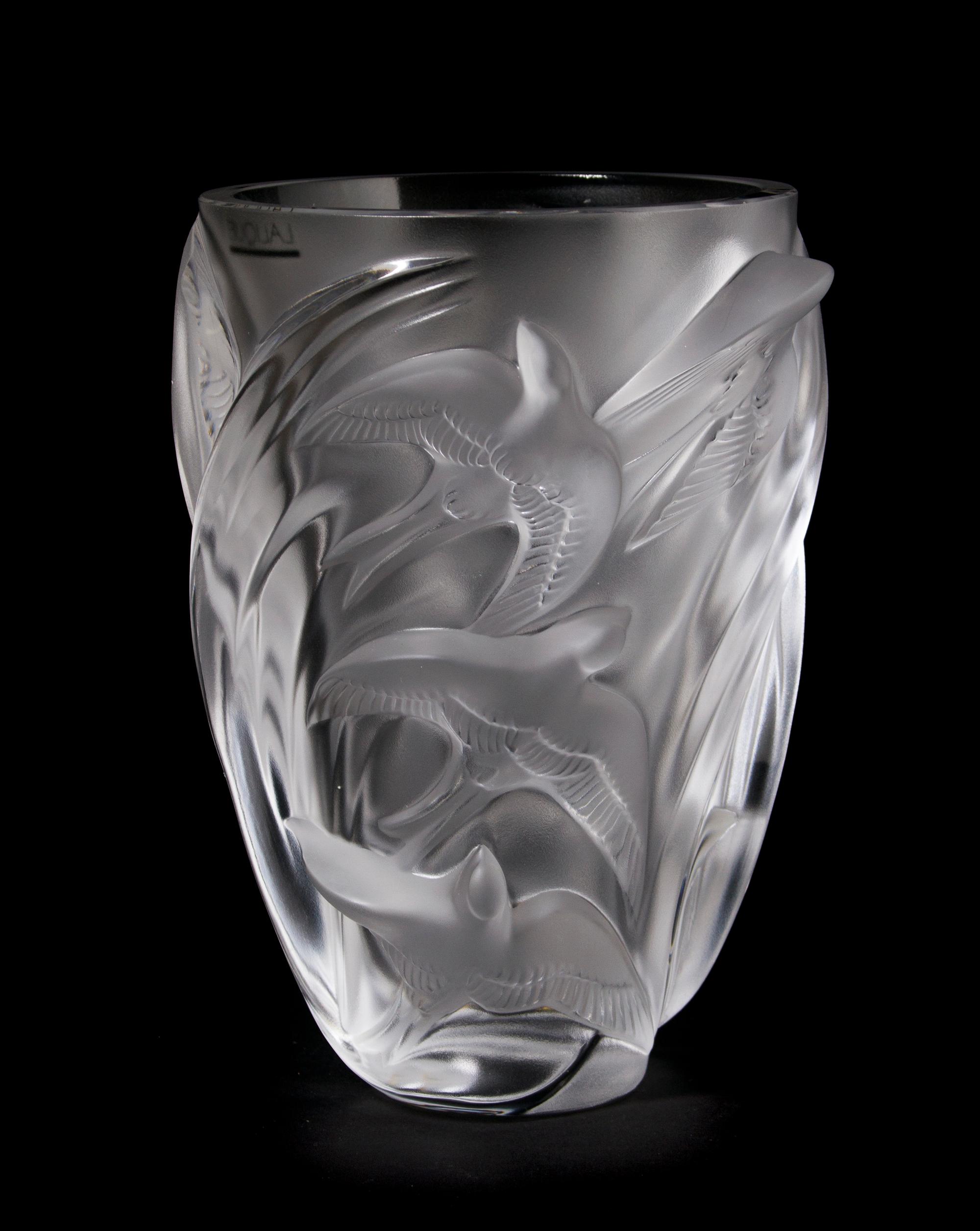 A Lalique Molded and Frosted Glass Vase, Height 9 7/8 inches.