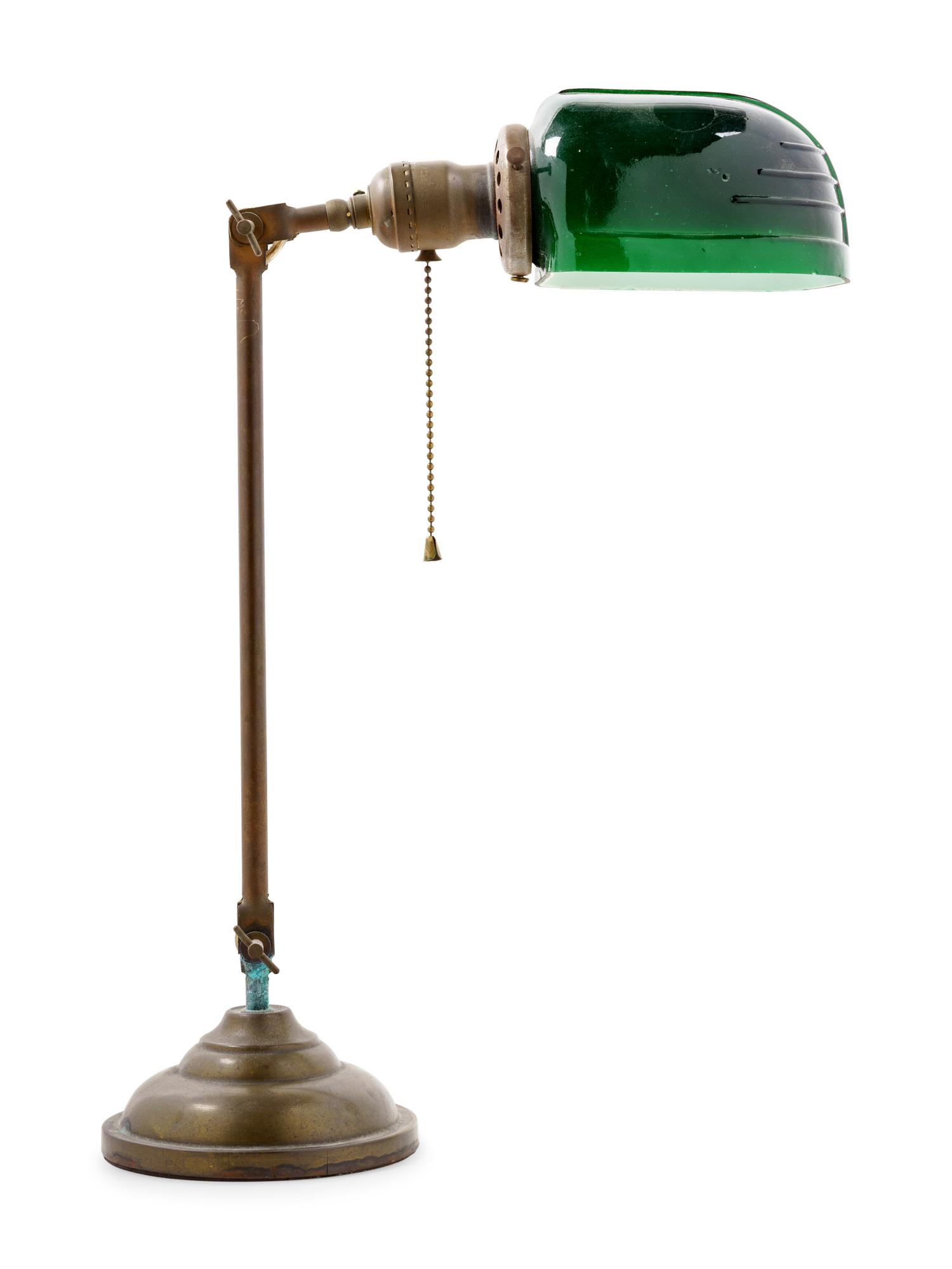 A Brass and Green Opaline Glass Desk Lamp