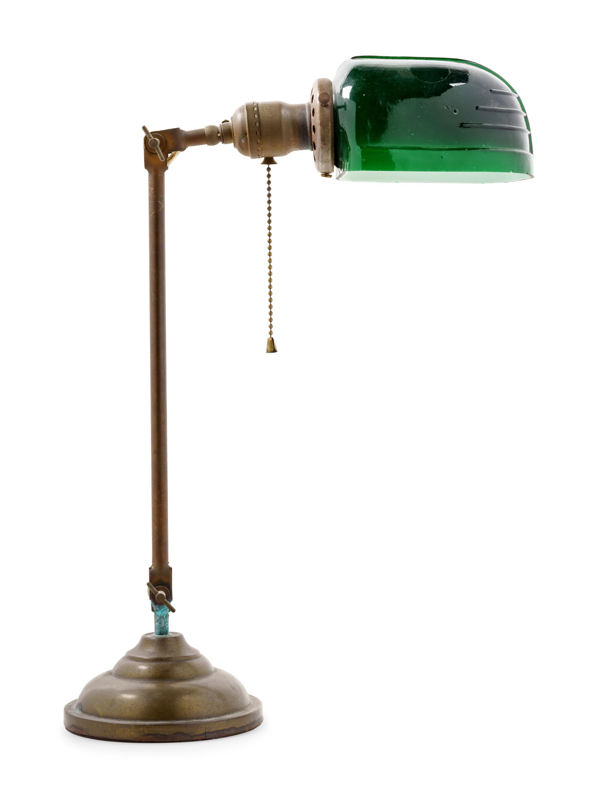 A Brass and Green Opaline Glass Desk Lamp
