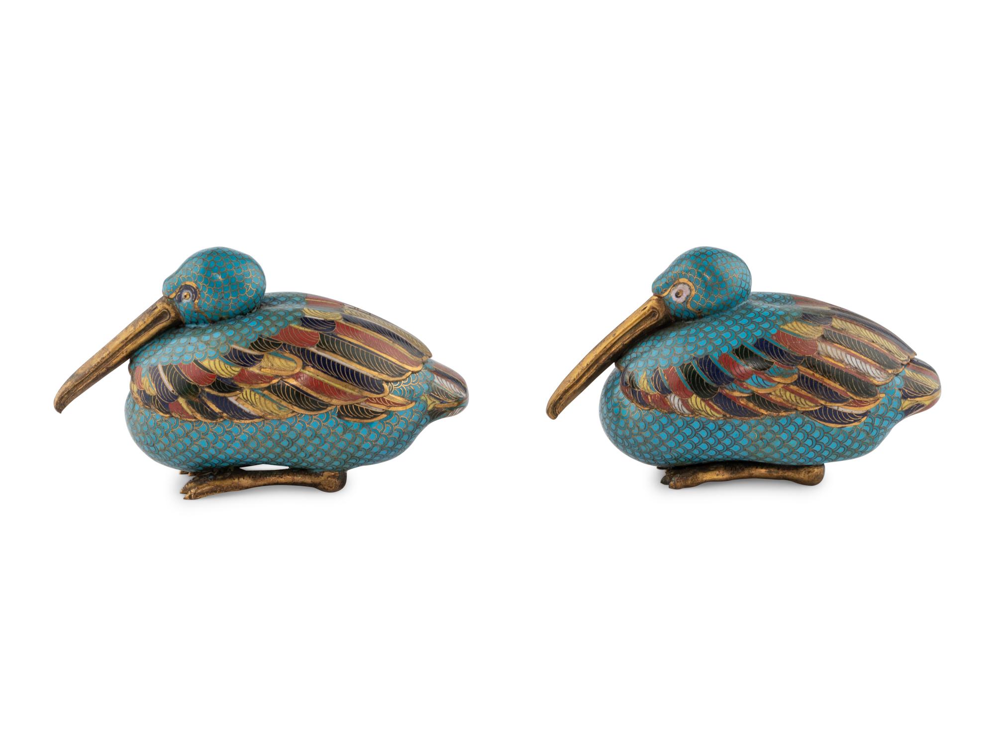 A Pair of Chinese Cloisonné Bird Form Covered Boxes