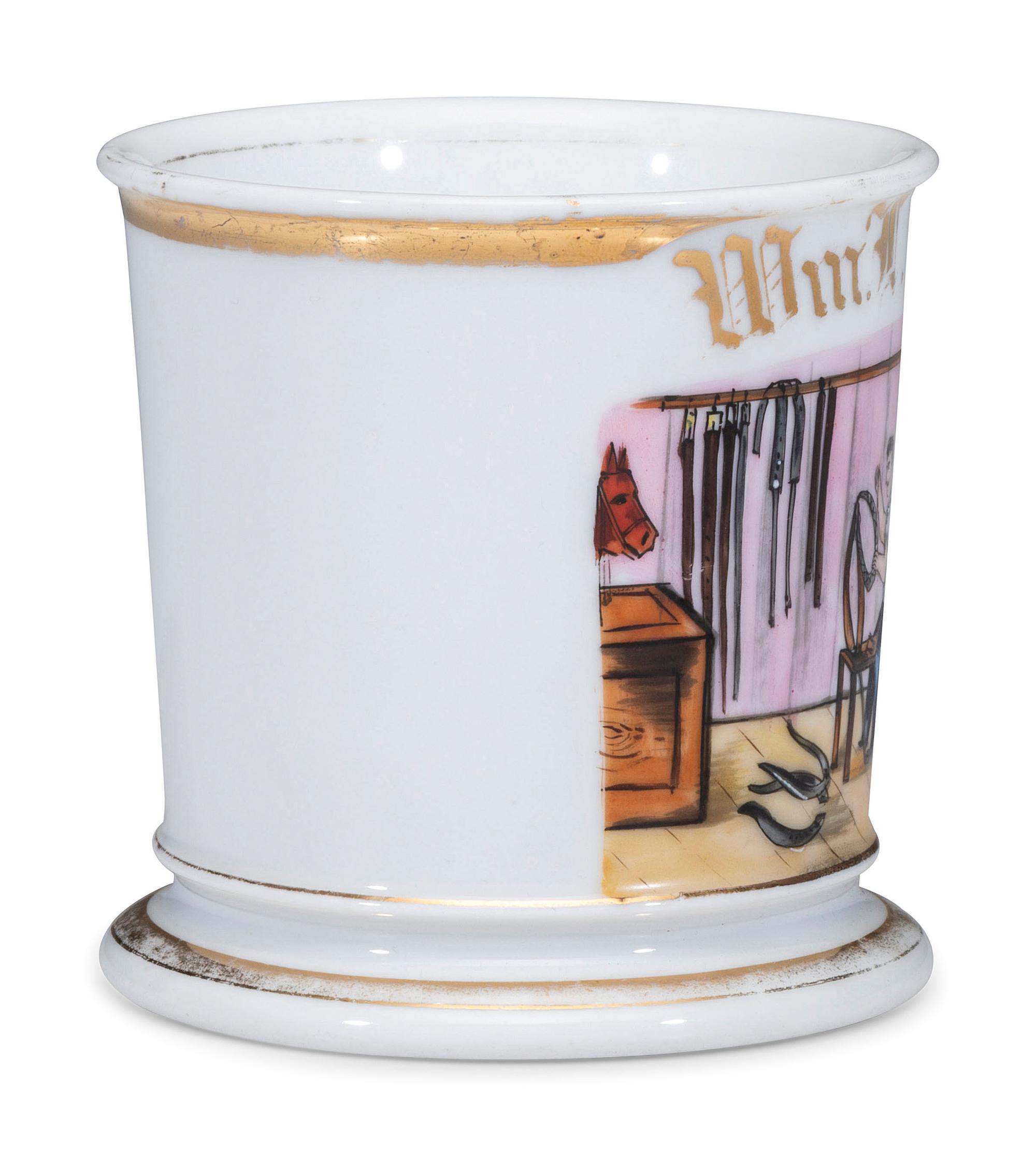 A Harness Maker's Porcelain Occupational Shaving Mug