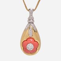 An 18K Gold, Coral, and Diamond Pendant and Ring