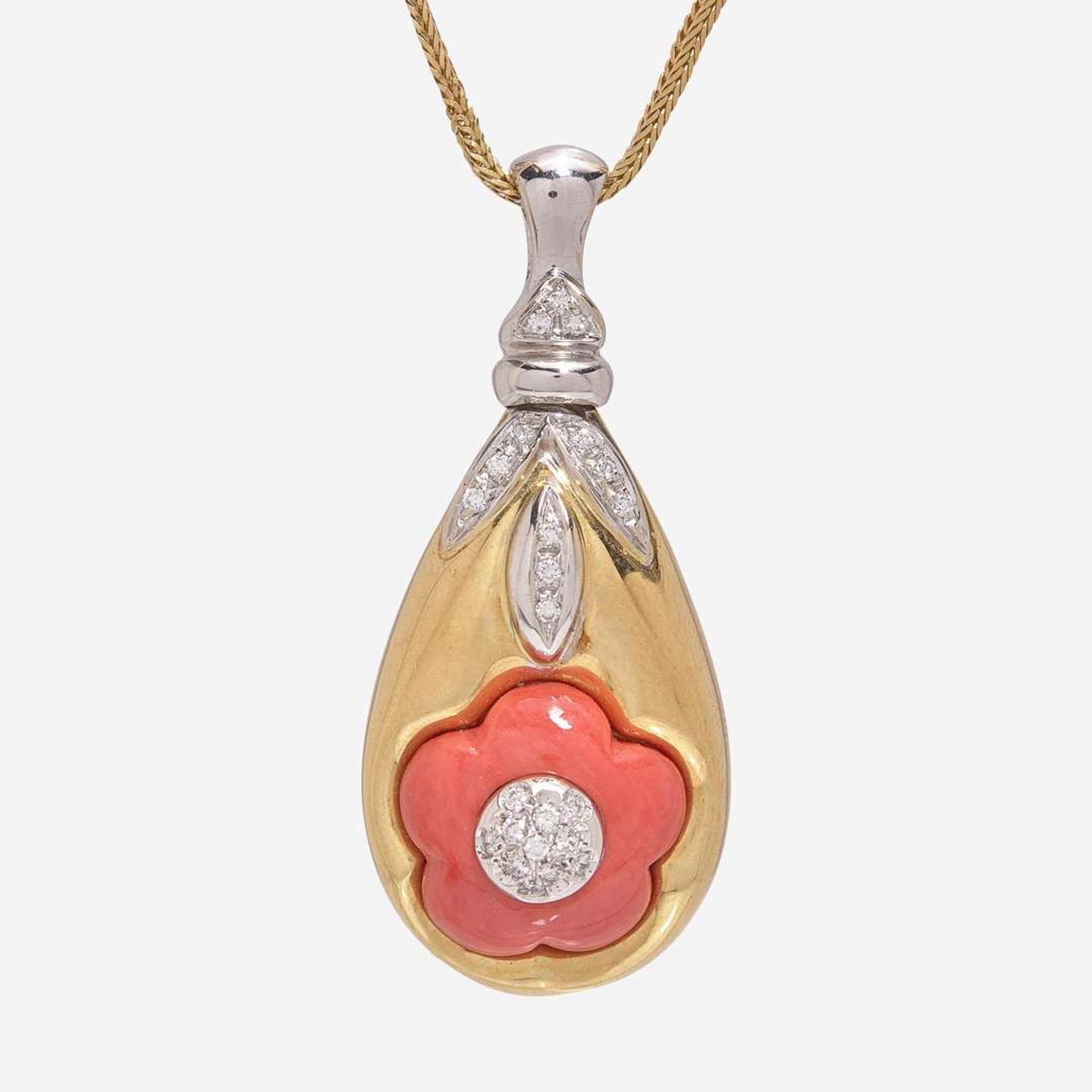 An 18K Gold, Coral, and Diamond Pendant and Ring