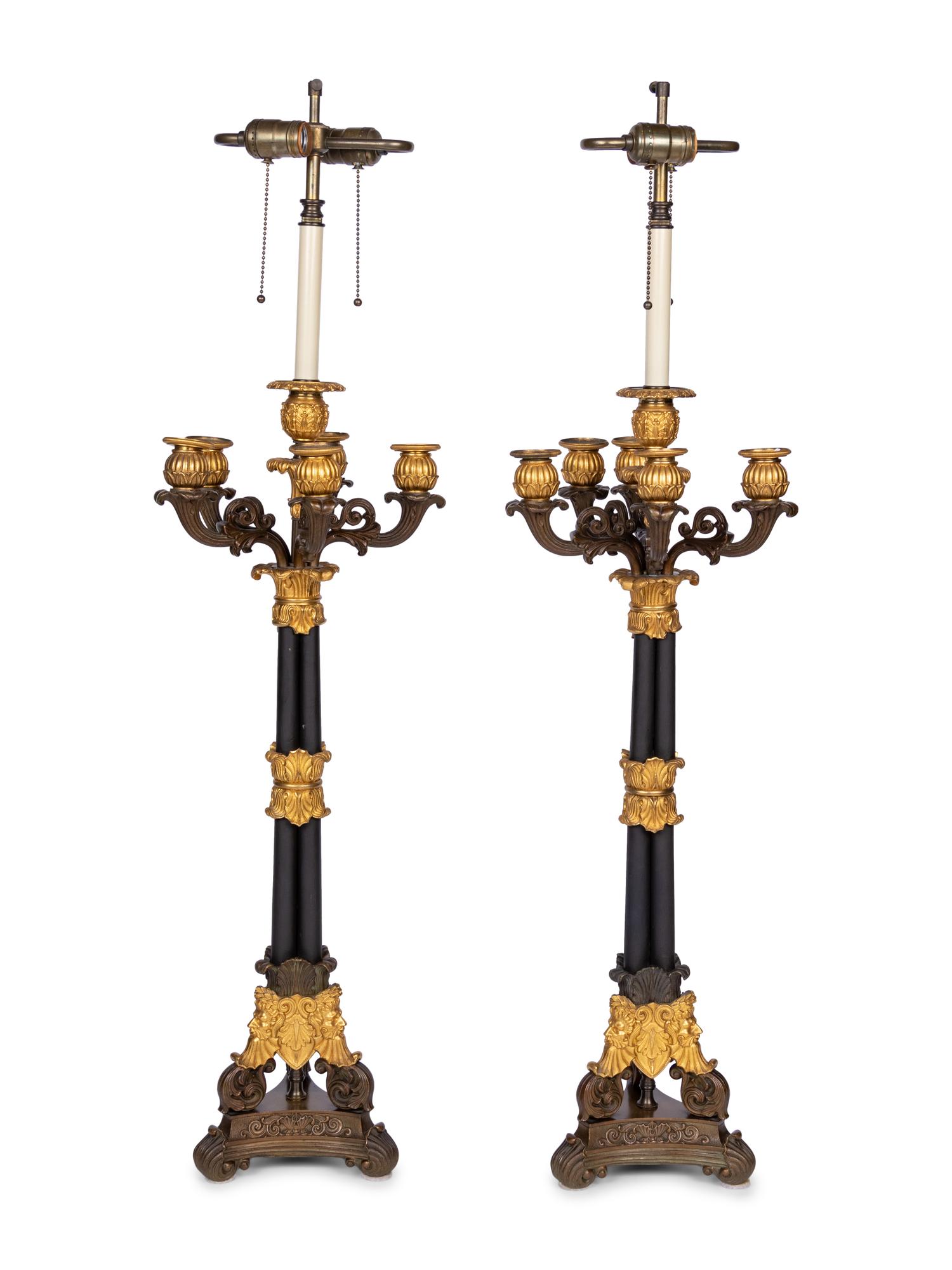 A Pair of Louis Philippe Gilt and Patinated Metal Six-Light Candelabra Mounted as Lamps