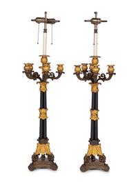 A Pair of Louis Philippe Gilt and Patinated Metal Six-Light Candelabra Mounted as Lamps