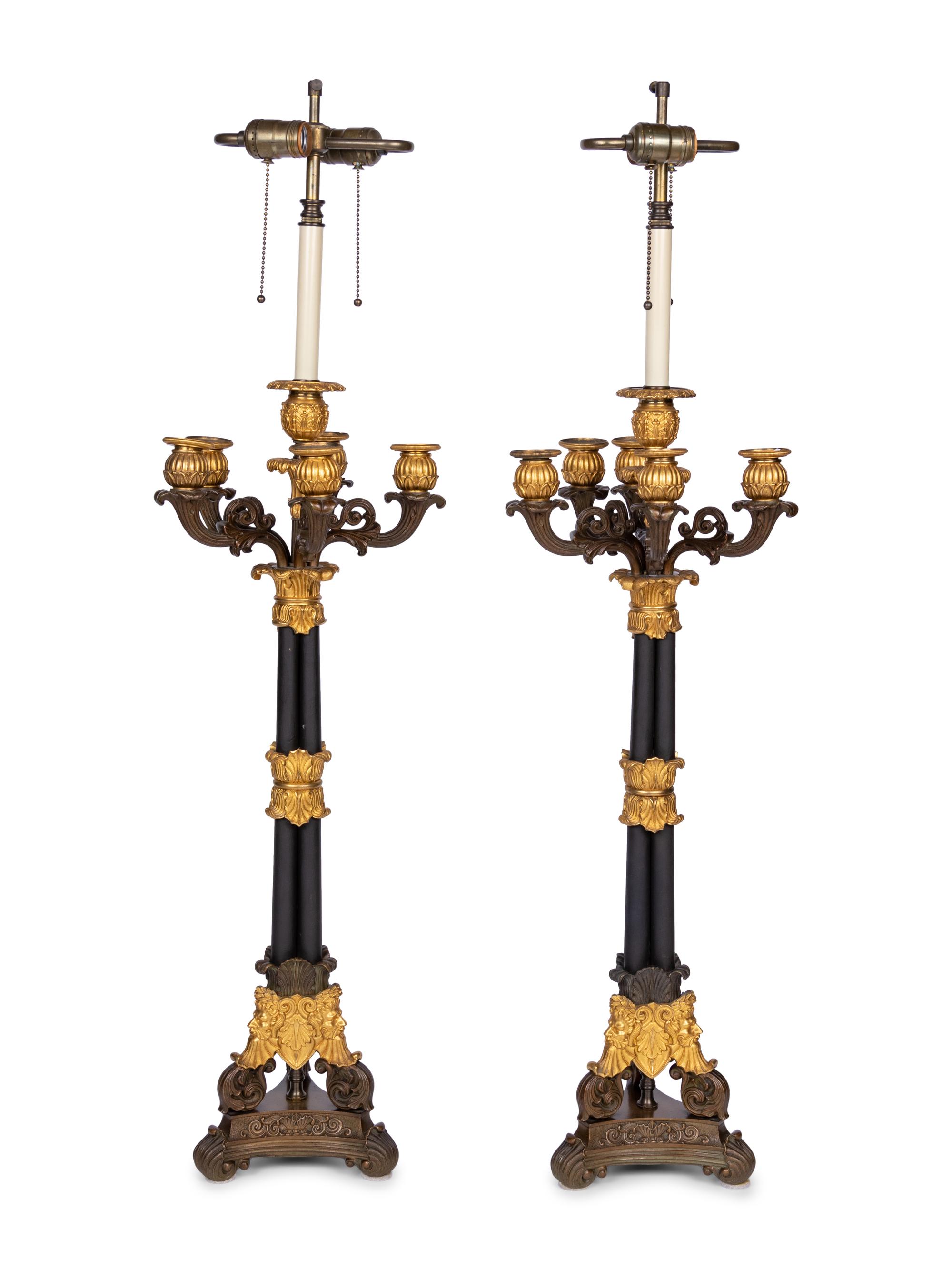A Pair of Louis Philippe Gilt and Patinated Metal Six-Light Candelabra Mounted as Lamps