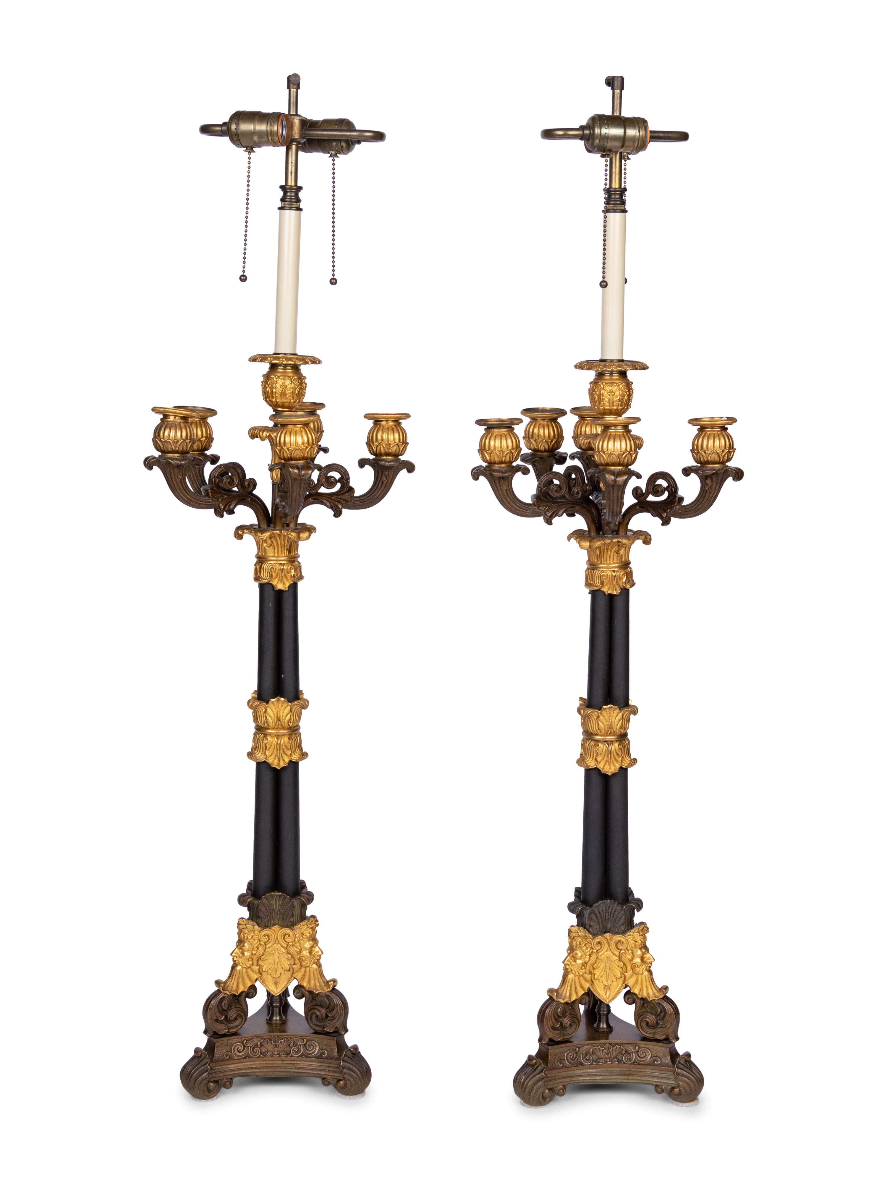 A Pair of Louis Philippe Gilt and Patinated Metal Six-Light Candelabra Mounted as Lamps