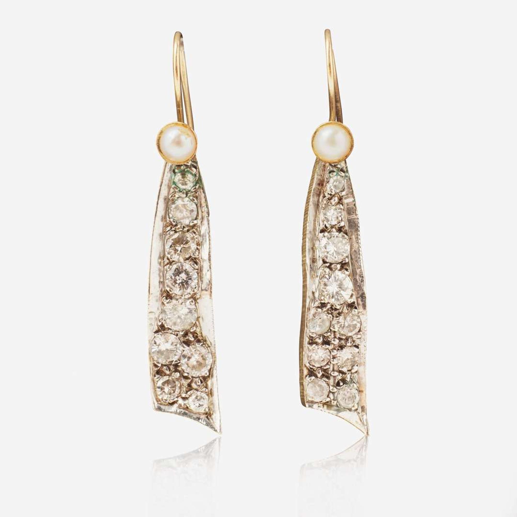 A Set of Pearl and Diamond Necklace and Earrings