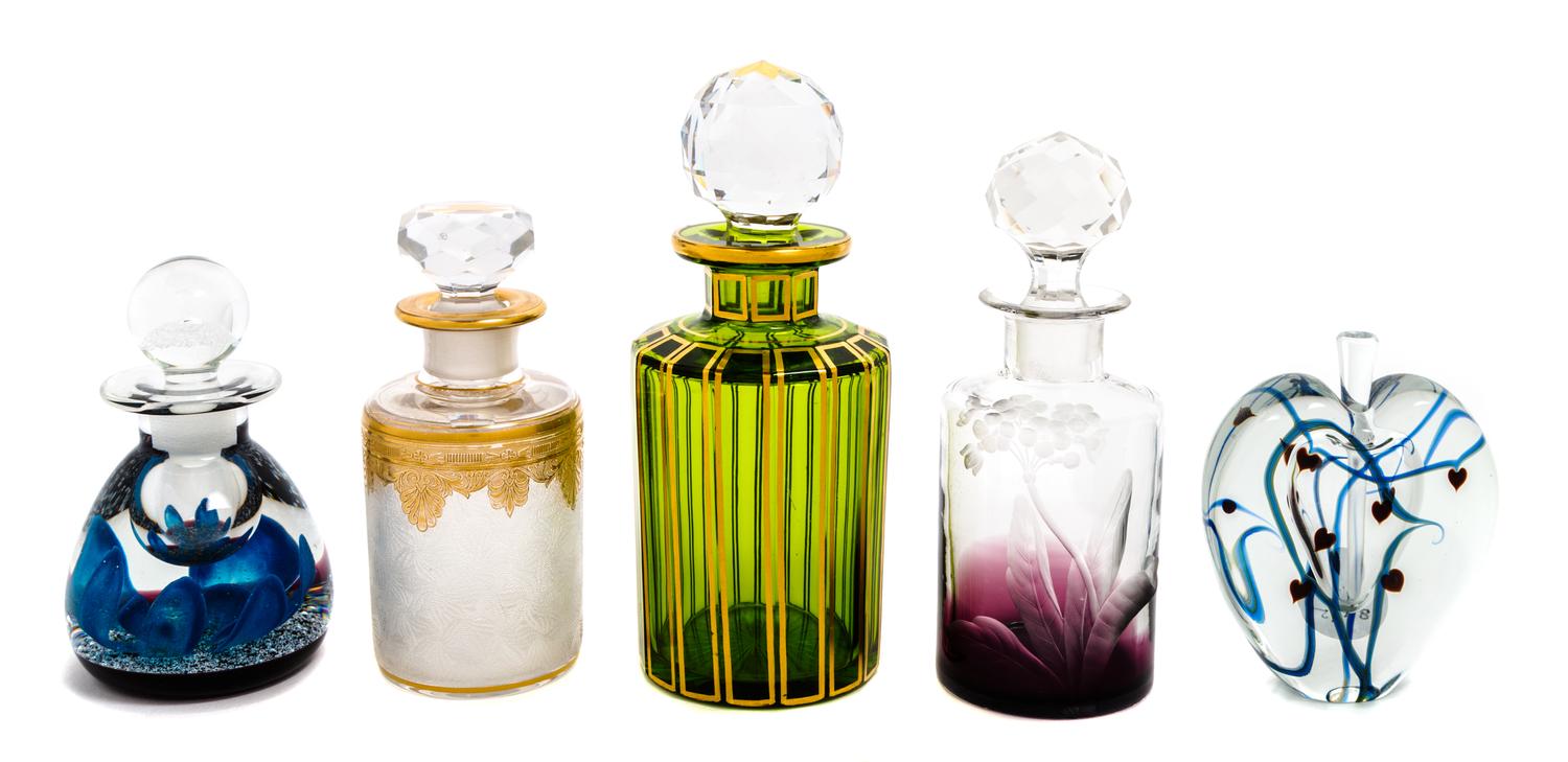 Five Glass Perfume Bottles Height of tallest 7 1/4 inches — 19TH AND 20TH CENTURY