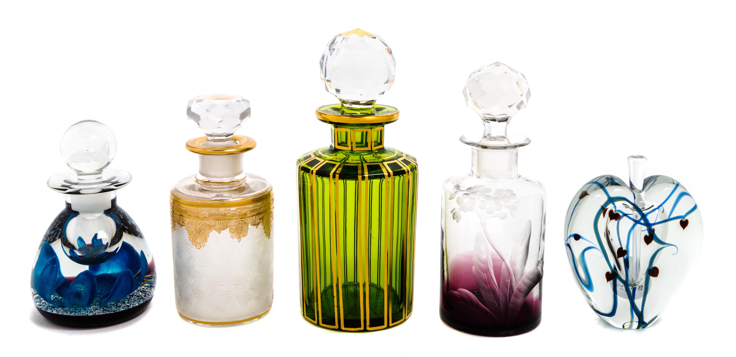 Five Glass Perfume Bottles Height of tallest 7 1/4 inches — 19TH AND 20TH CENTURY
