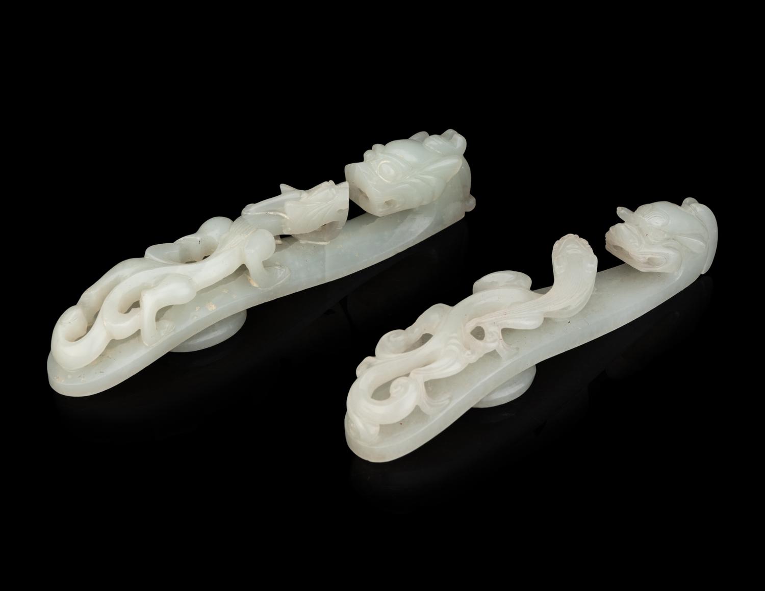 Two Chinese Carved Celadon Jade 'Chilong' Belt Hooks