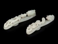 Two Chinese Carved Celadon Jade 'Chilong' Belt Hooks