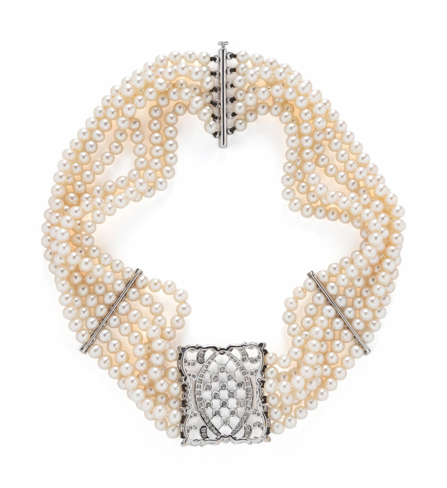 MULTISTRAND CULTURED PEARL AND DIAMOND CHOKER