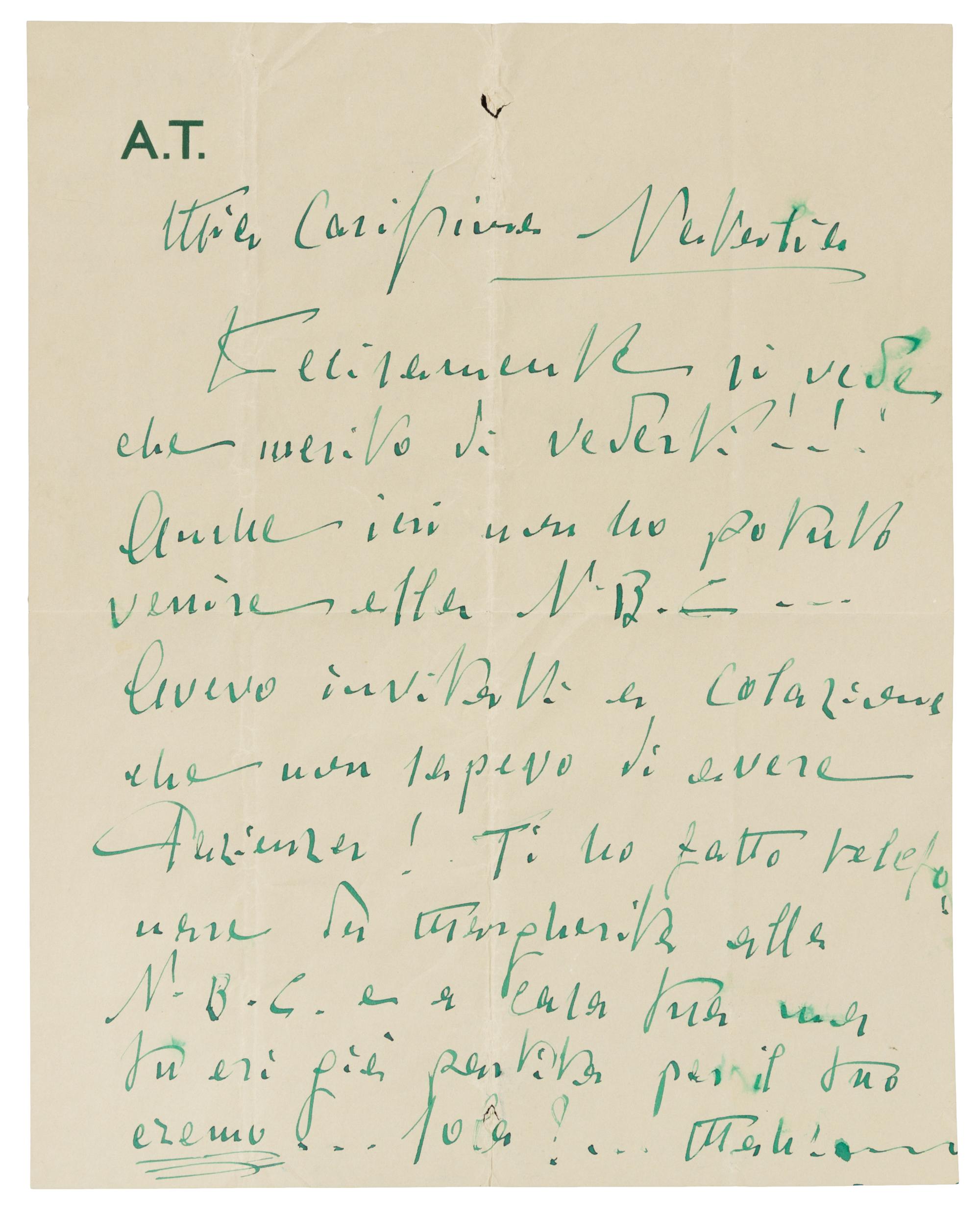 TOSCANINI, Arturo. Autographed letter signed ("A. Toscanini"), in Italian, to Natalia Danesi Murray, n.p., n.d. [New York, 3 May 1941].