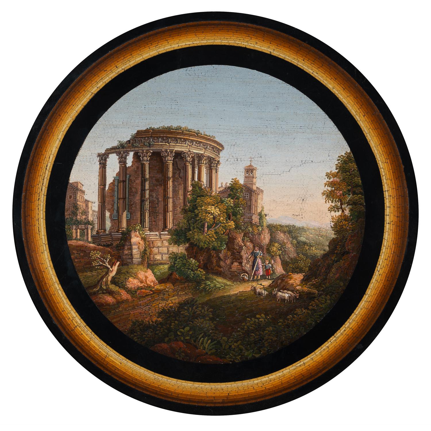 An Italian Micromosaic Plaque Depicting the Temple of Vesta at Tivoli