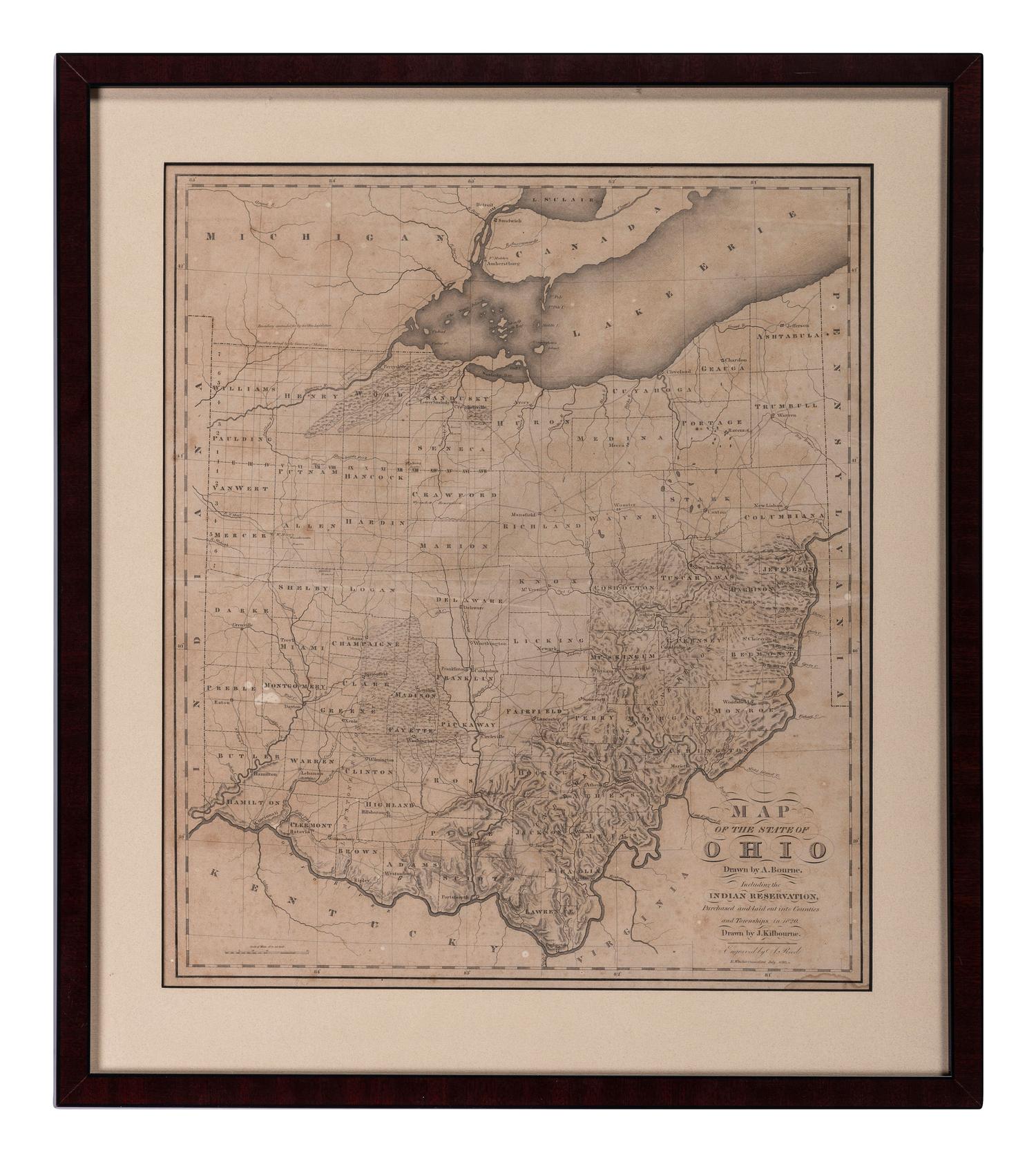 BOURNE, Alexander and KILBOURNE, John. Map of the State of Ohio Drawn by A. Bourne. Including the Indian Reservations, Purchased and laid out into Counties and Townships in 1820. Drawn by J. Kilbourne. Windsor, Connecticut, circa 1820.