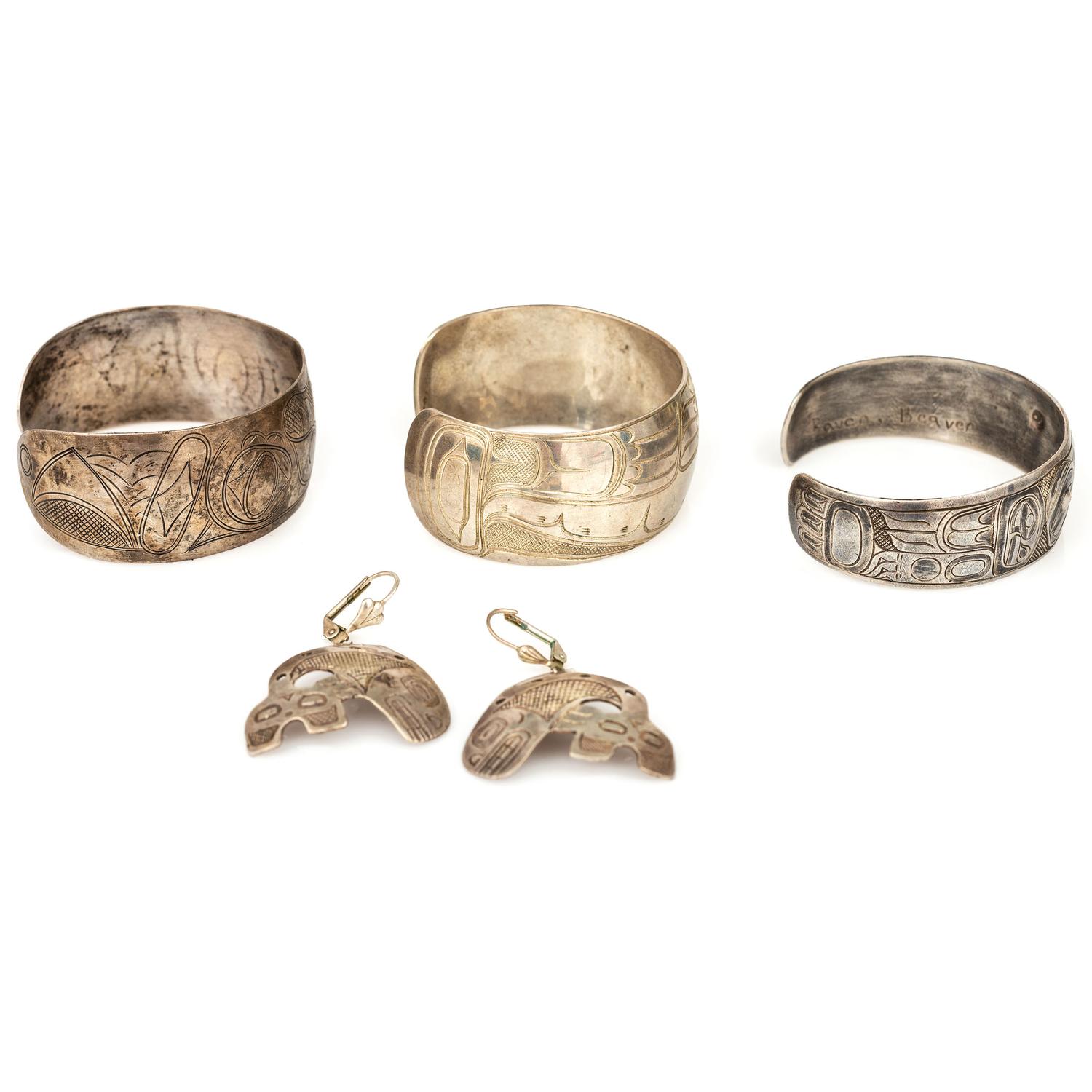 Northwest Coast Etched Figural Silver Cuff Bracelets and Earrings